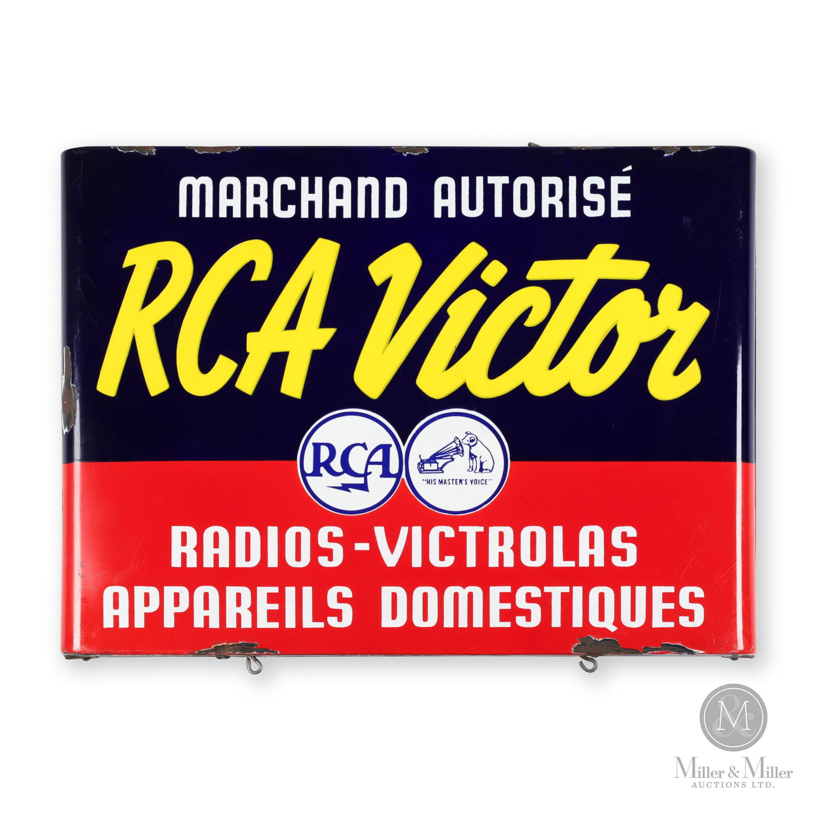 RCA Victor Dealer Sign: Canadian. 1940s. Double-sided porcelain (DSP). Bullnose ends. Two signs mounted back to back on a frame. 18" x 24.75" x 2". From the William Robert Wilson Collection.