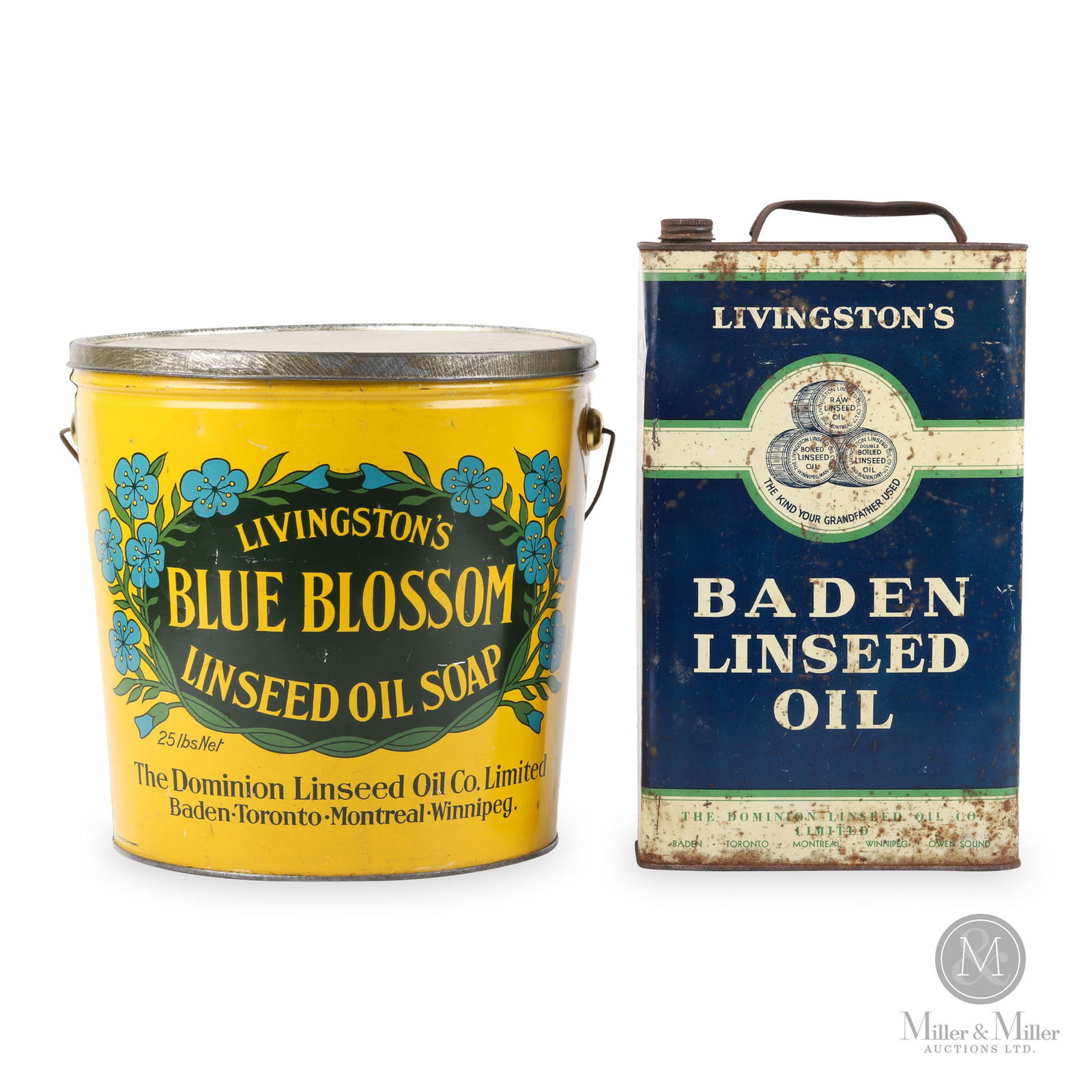 Livingston's Linseed Oil Baden, Ont Tins: Canadian. 1920s. Lithographed tin. Marked, "McDonald Mfg. Co. Limited, Toronto", lower left edge of Blue Blossom. 10.5" x 10.5" and 12" x 7.5" x 3.25". From the William Robert Wilson Collection.