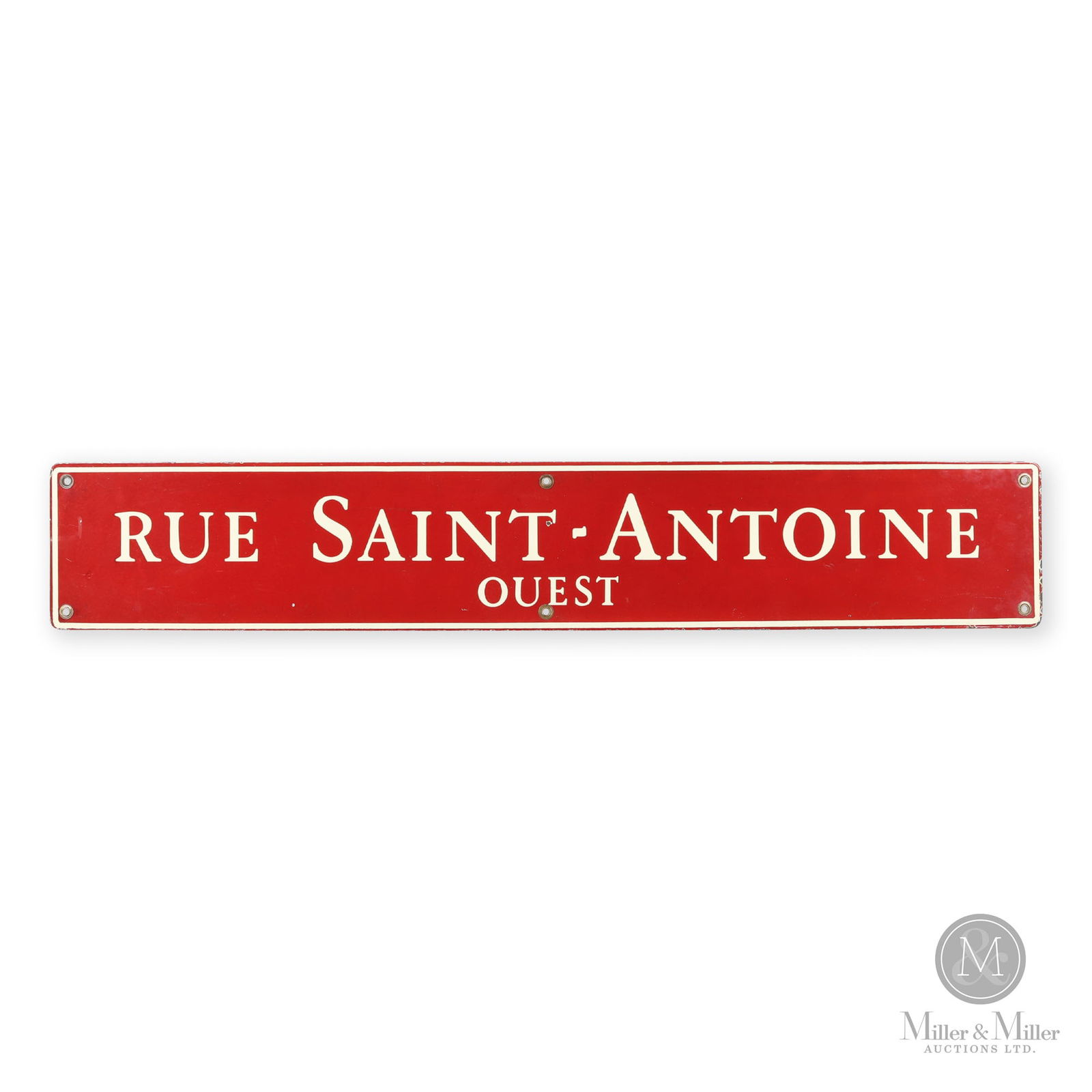 St. Antoine Street West Sign: Canadian. 1940s. Double-sided porcelain (DSP). 8" x 48". From the William Robert Wilson Collection.
