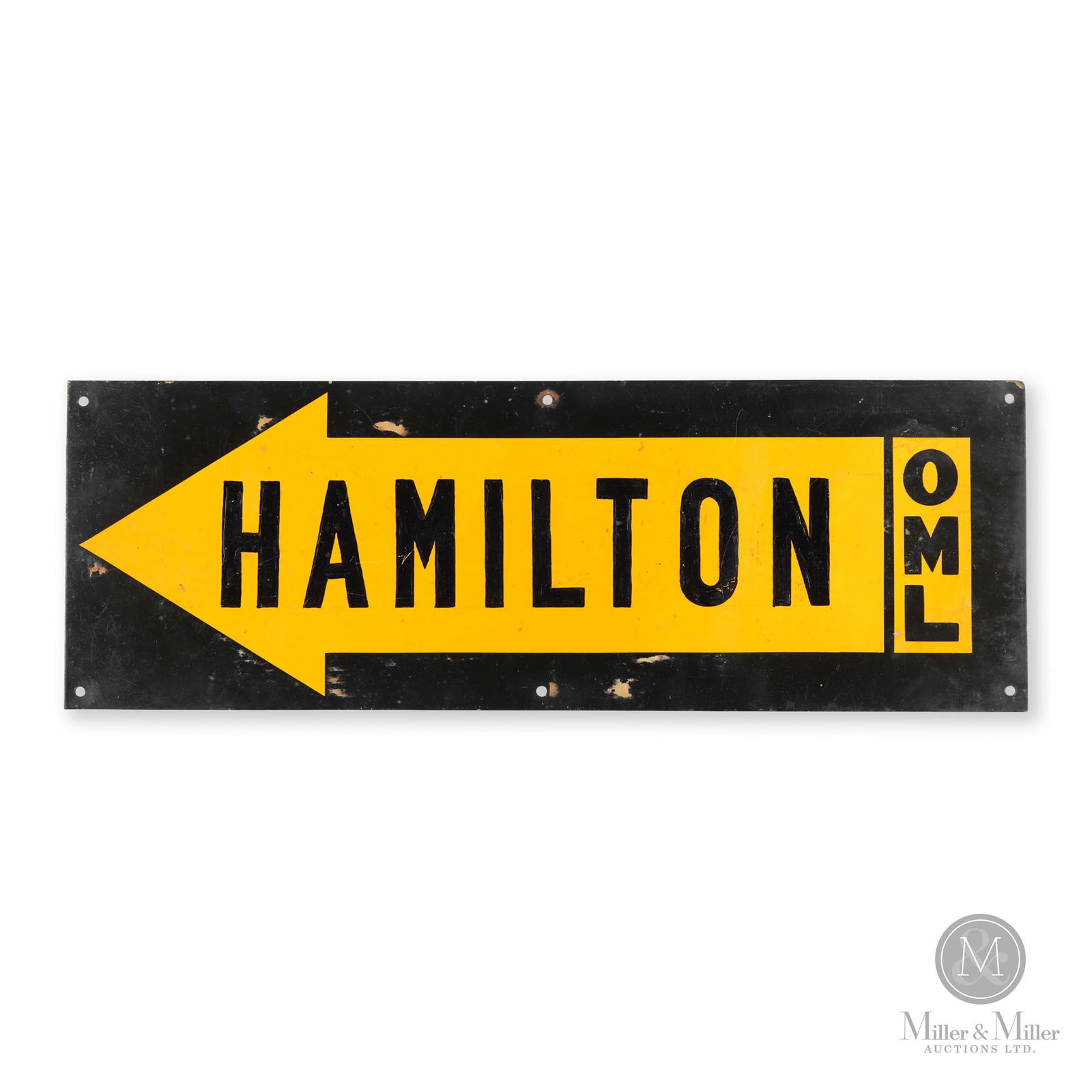 Ontario Motor League Hamilton Directional Sign: Canadian. 1920s. Single-sided tin (SST). Painted steel. Arrow and "OML" are lithographed. Hamilton script is hand painted, probably with stencil. 6.75" x 20". From the William Robert Wilson Collection