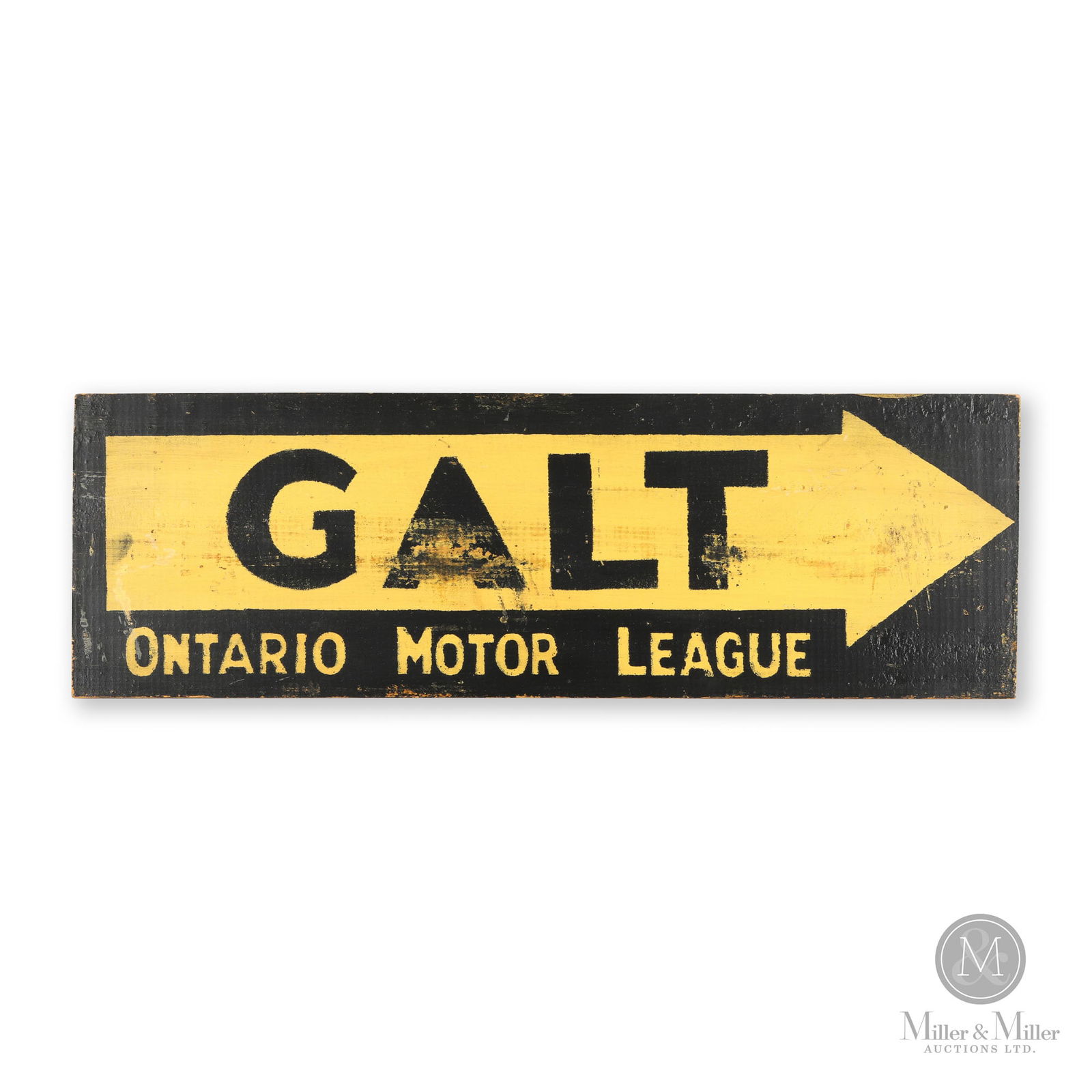 Ontario Motor League Galt, Ontario Road Sign: Canadian. 1920s. Single-sided painted wood. 6.75" x 21". From the William Robert Wilson Collection.