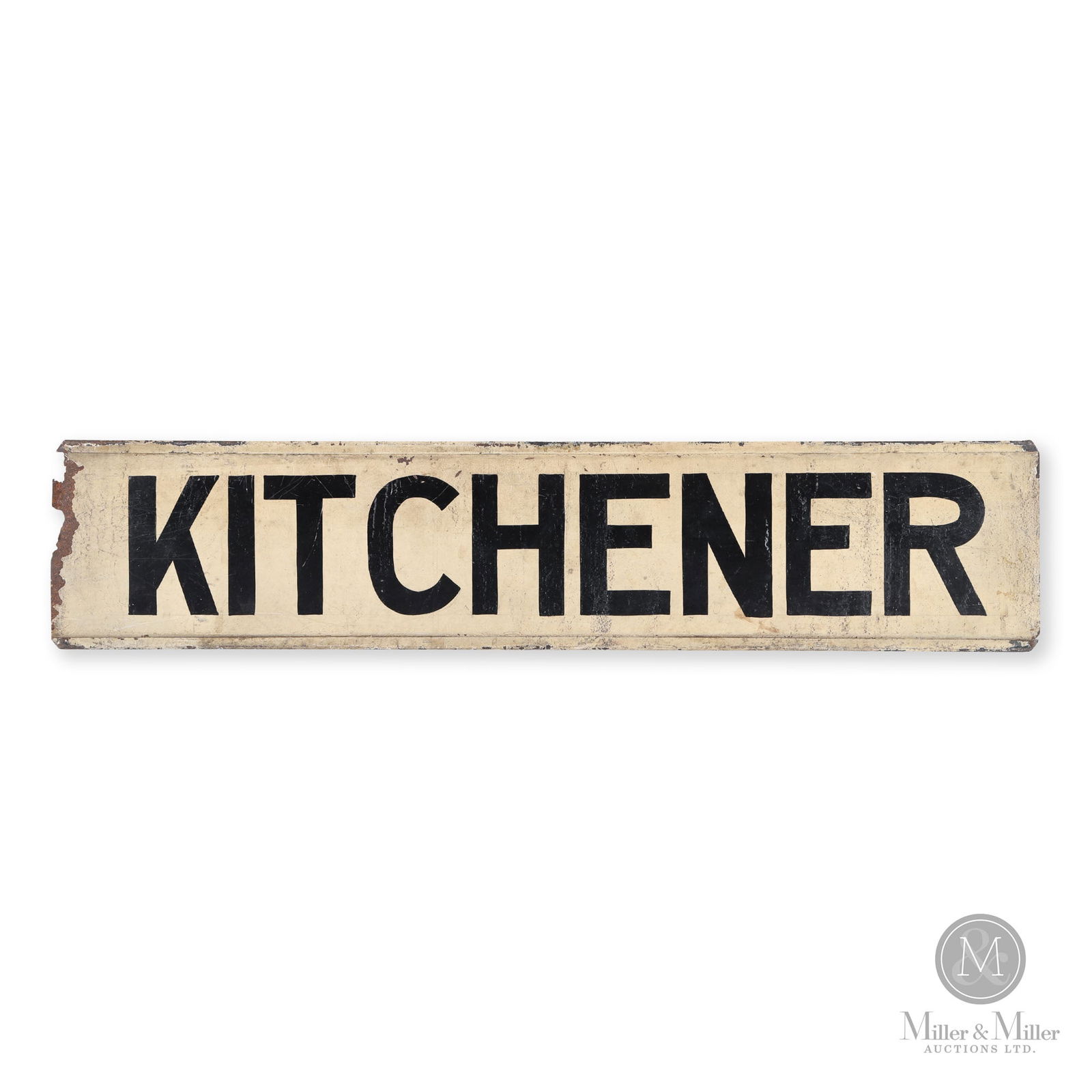 Galt & Kitchener Road Sign: Canadian. 1940s. Double-sided painted metal. 5.25" x 25". From the William Robert Wilson Collection.