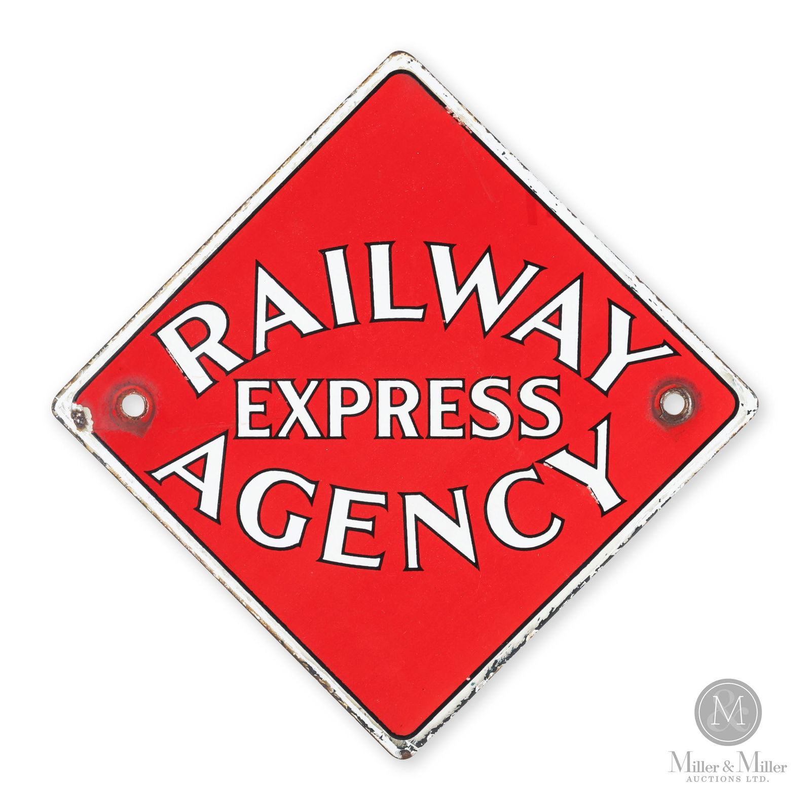 Railway Express Agency Sign: American. 1930s. Single-sided porcelain (SSP). 11" x 11". From the William Robert Wilson Collection.