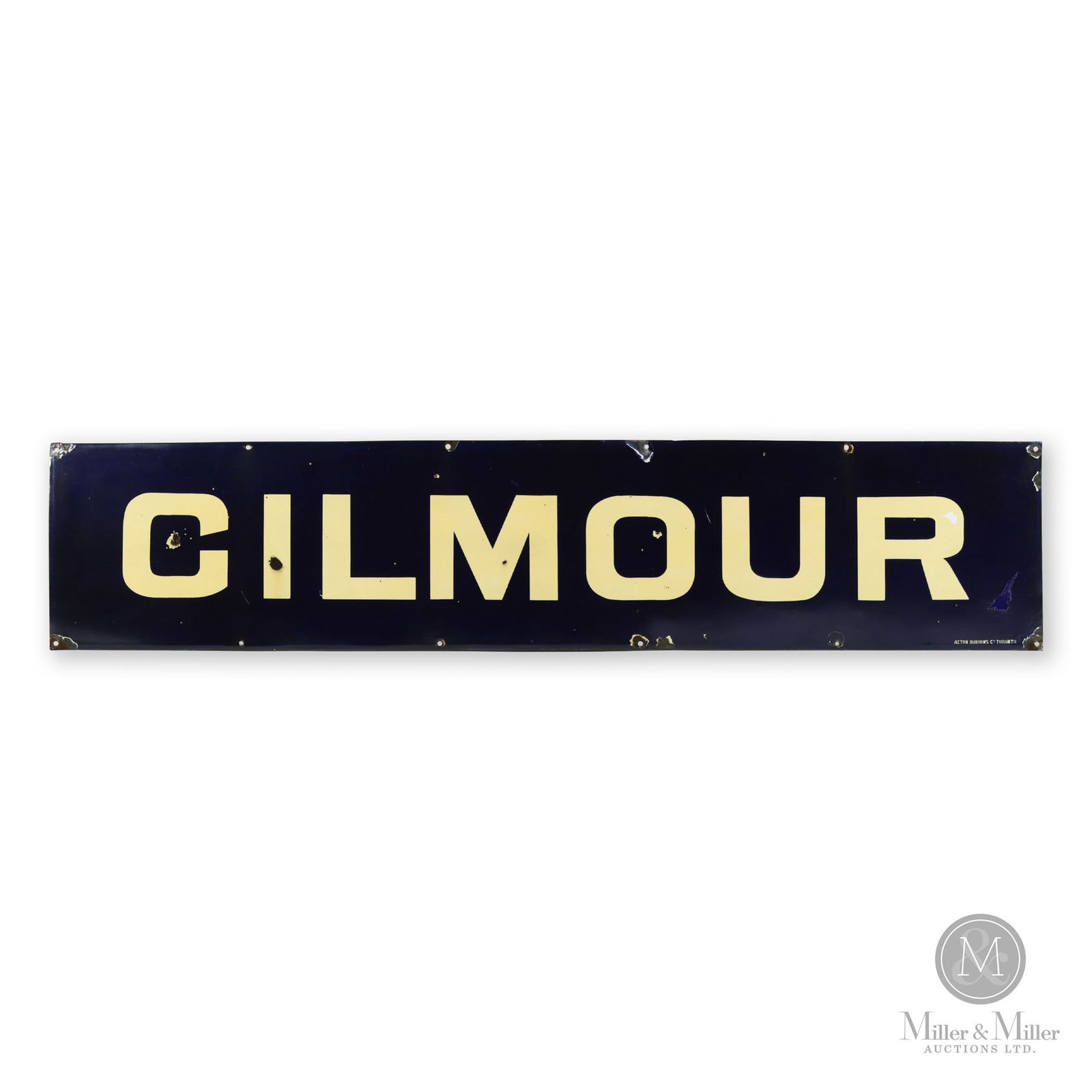 Canadian Pacific Railway Gilmour Station Sign: Canadian. 1910s. Single-sided porcelain (SSP). 12" x 57". From the William Robert Wilson Collection.