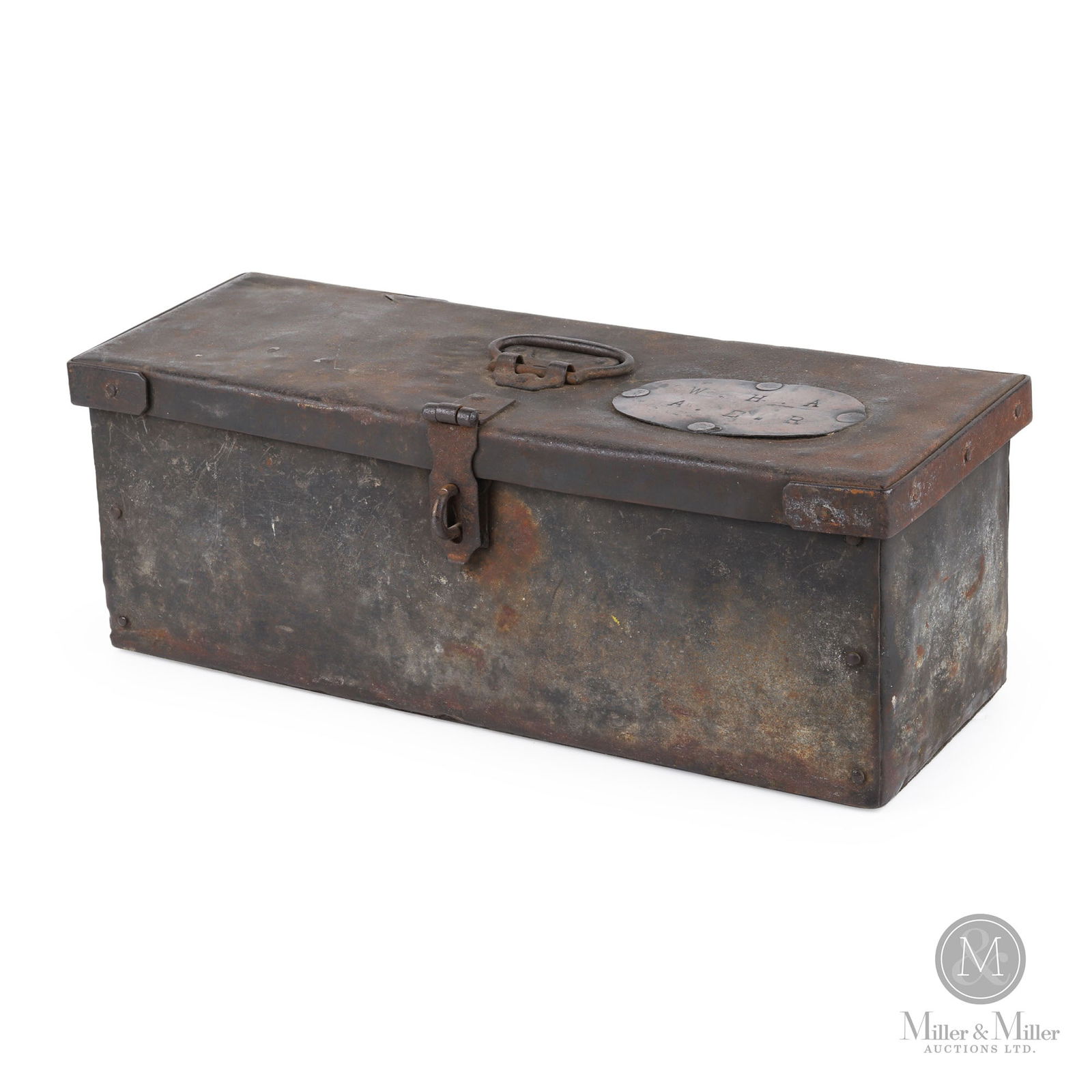 Algoma Eastern Railway Engineers Box: Canadian. 1920s. Painted steel with applied brass tag. Stamped, "W.H.A" and "A.E.R. (Algoma Eastern Railway)", on top of lid of brass tag. 7" x 19" x 7". From the William Robert Wilson Collection.