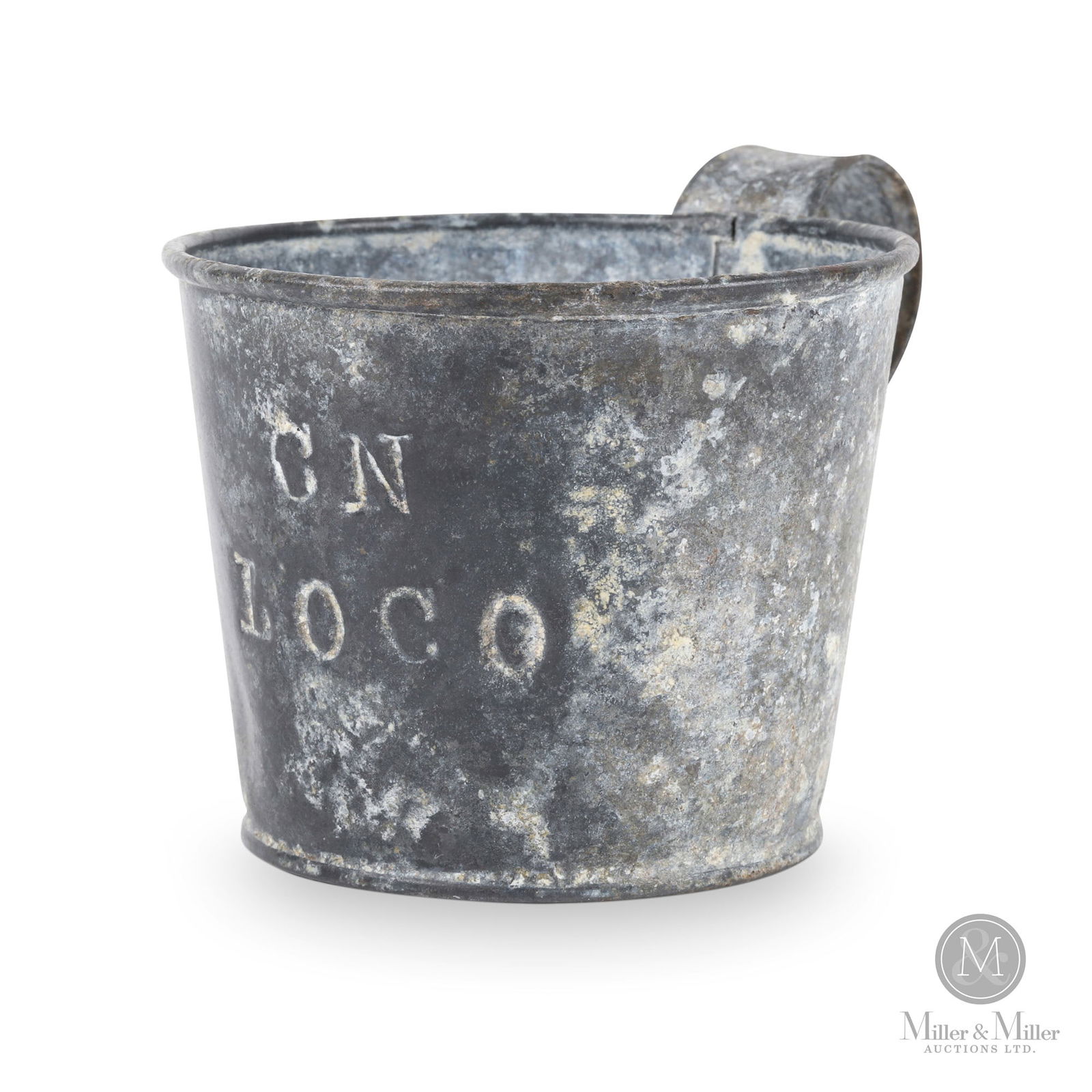 Canadian Northern Railway Water Cup: Canadian. 1910s. Galvanized metal. Stamped, "CN Loco", on center front of cup. 3.25" x 4" x 4". From the William Robert Wilson Collection.