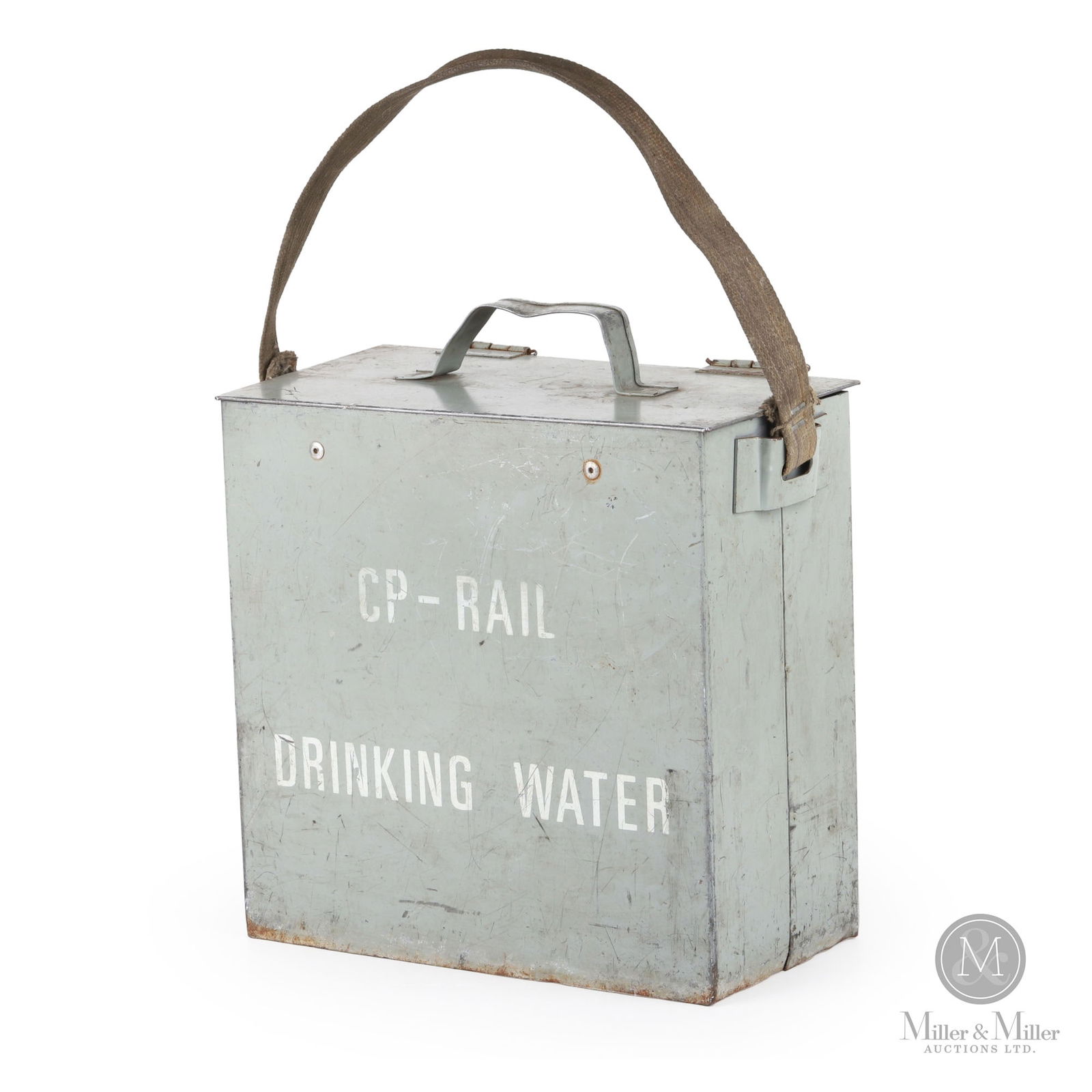 Canadian Pacific Railway Drinking Water Cooler: Canadian. 1940s. Painted metal with stenciled script. 12" x 12" x 6.25". From the William Robert Wilson Collection.