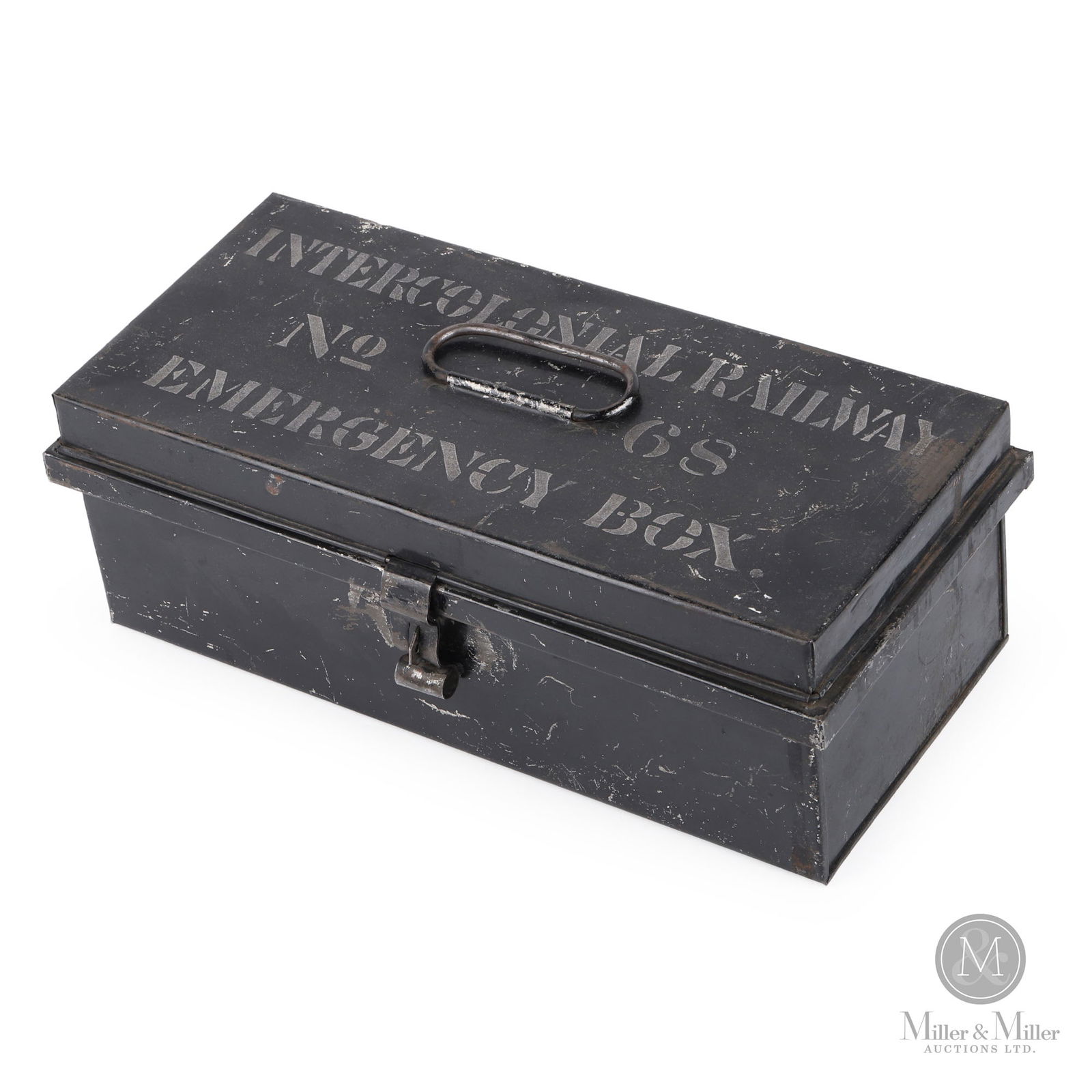 Intercolonial Railway Emergency Box: Canadian. 1930s. Painted metal with stenciled lid. 5" x 14" x 6.75". From the William Robert Wilson Collection.
