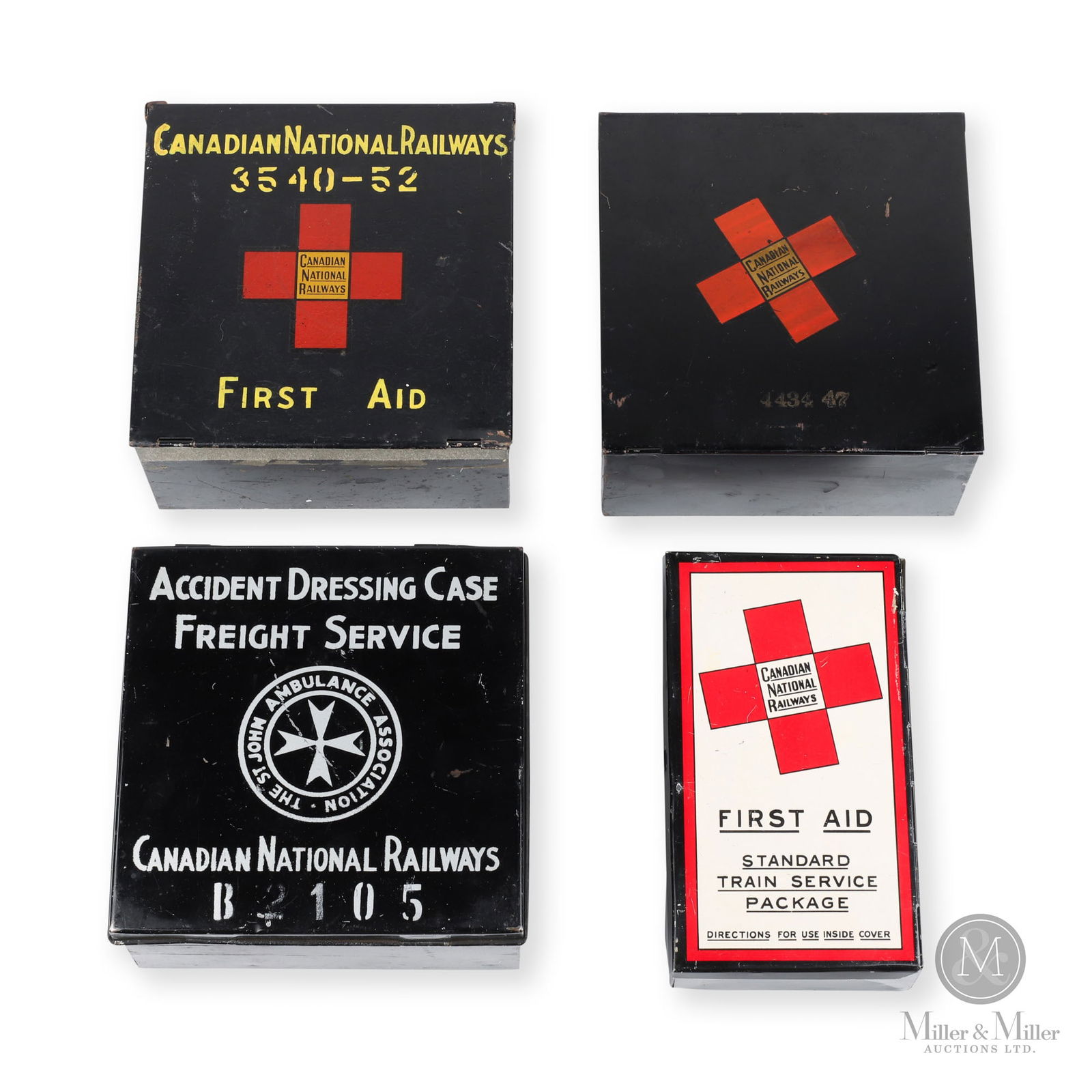 Canadian National Railways First Aid Kits: Canadian. 1930s-1950s. Lithographed and painted tin. Three Boxes: 8.5" x 8.5" x 4.25". Narrow box: 9.5" x 5.5" x 2.25". From the William Robert Wilson Collection.