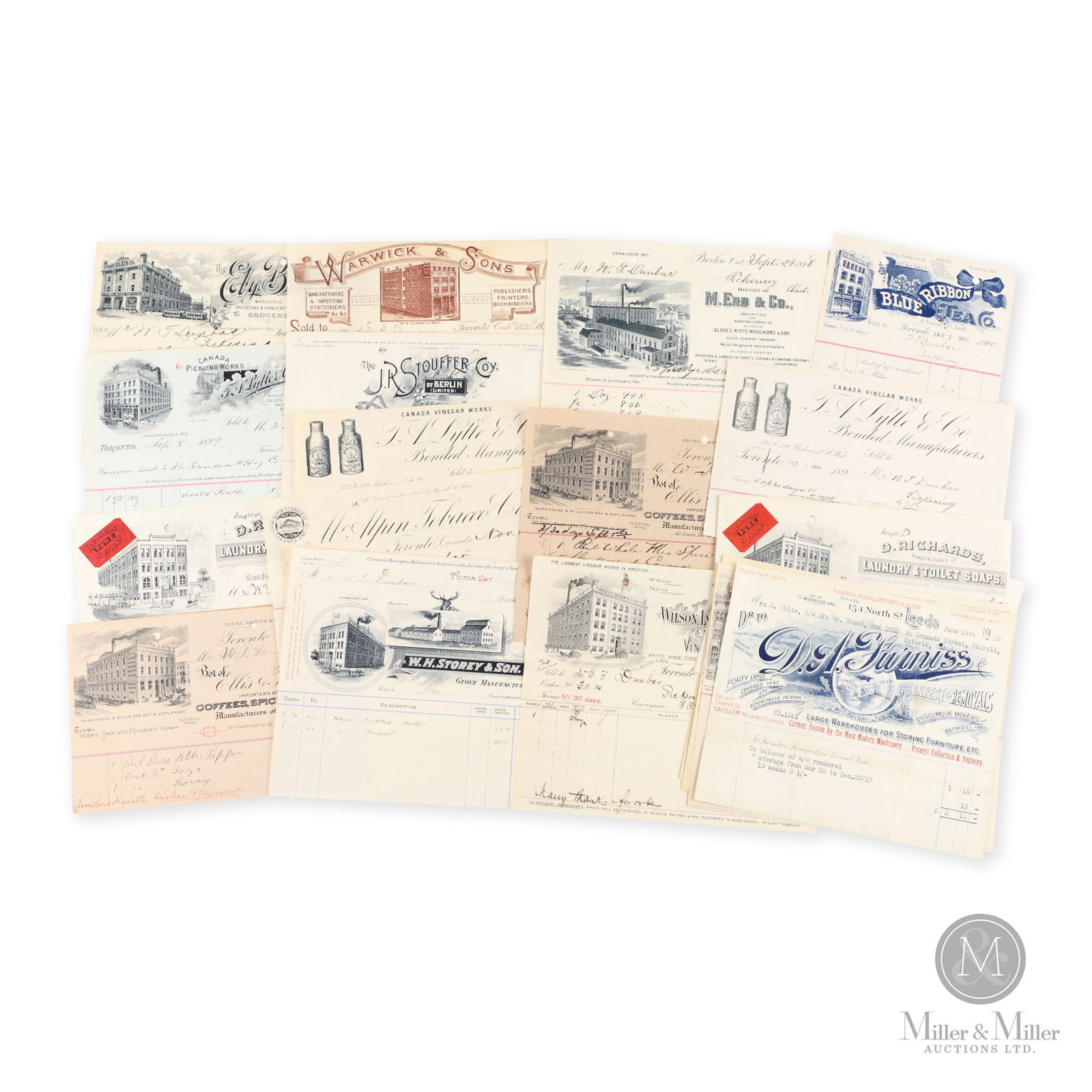 Ontario Merchant Letterhead Invoices: Canadian. 1870s-1890s. Lithographed paper. Ranges in length approx. 8" each. From the William Robert Wilson Collection.