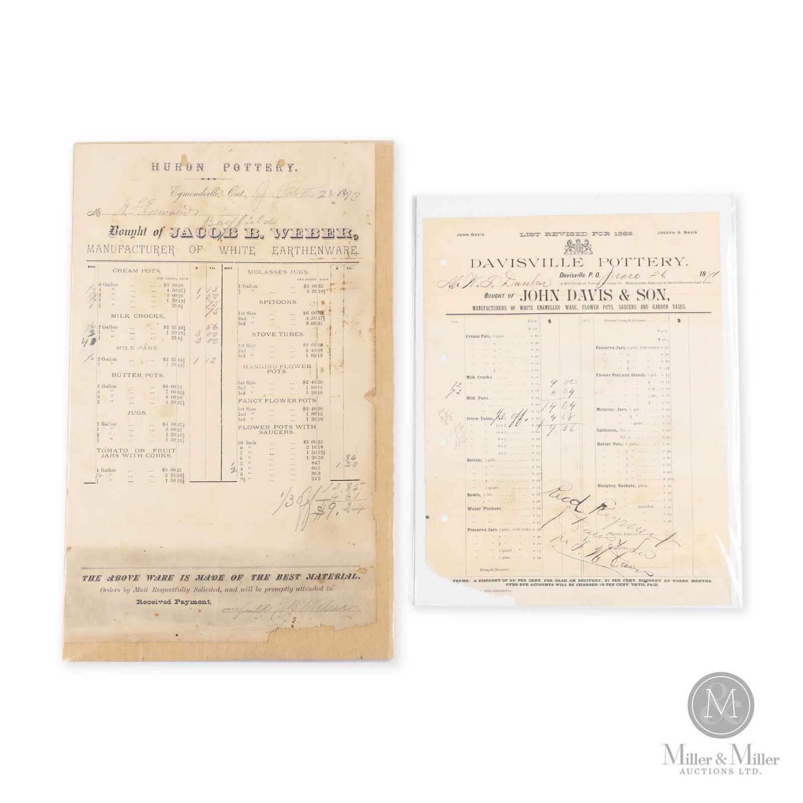 Huron & Davisville Potteries Invoices: Canadian. 1891 and 1893. Lithographed paper. 10.75" x 8.25" and 13.75" x 8.5". From the William Robert Wilson Collection.