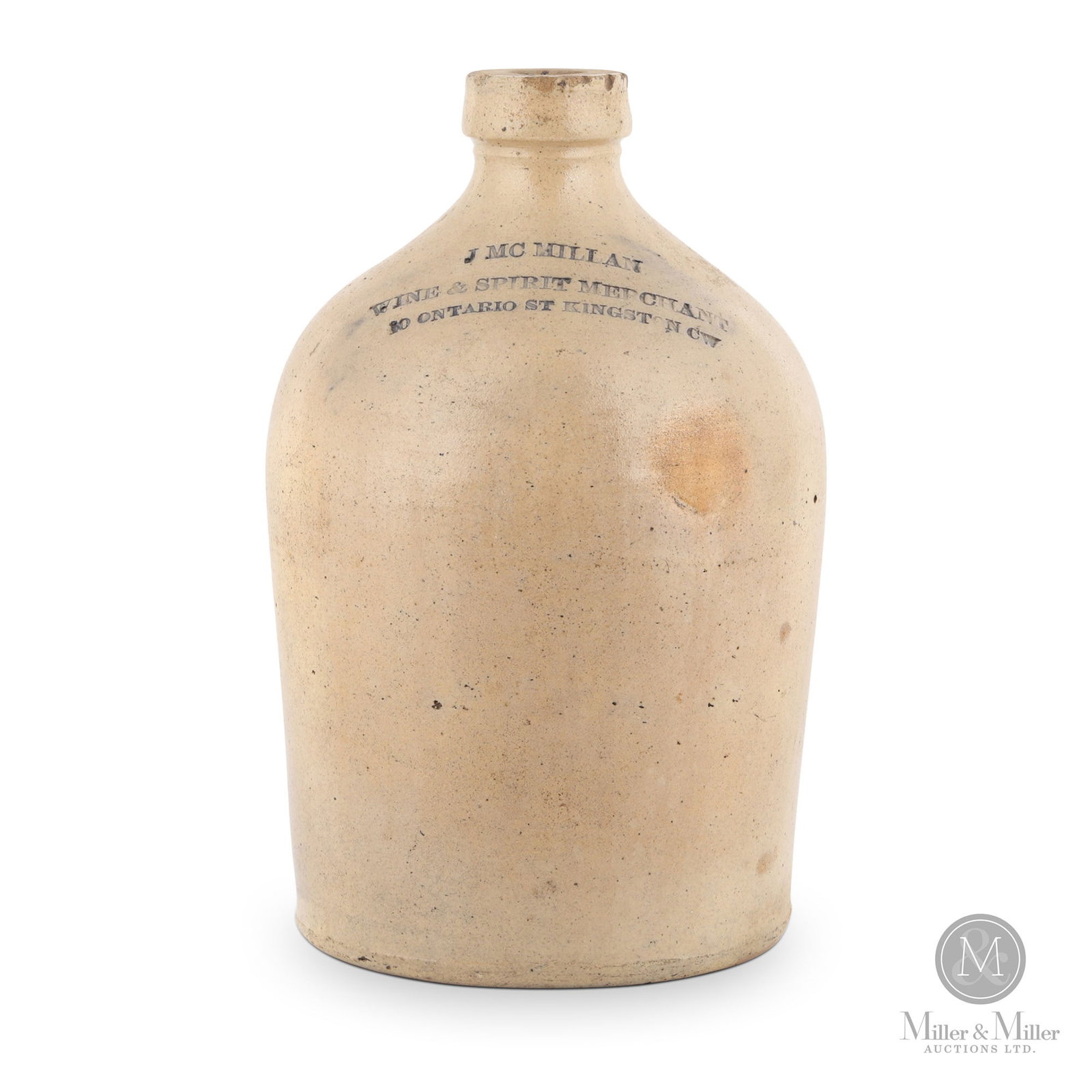 J. McMillan Merchant Kingston, C.W. 1/2 Gallon Stoneware Jug: Canadian. Kingston, Canada West. 1860s. Salt-glazed stoneware. John McMillan established his grocery and wine/liquor mercantile in Kingston in the mid-1850s, initially at 53 King Street then later at 