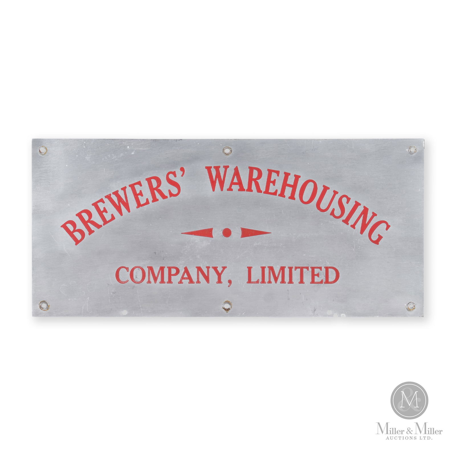 Brewers' Warehousing Company Sign: Canadian. 1940s. Single-sided painted aluminum. 8" x 17.5". From the William Robert Wilson Collection.