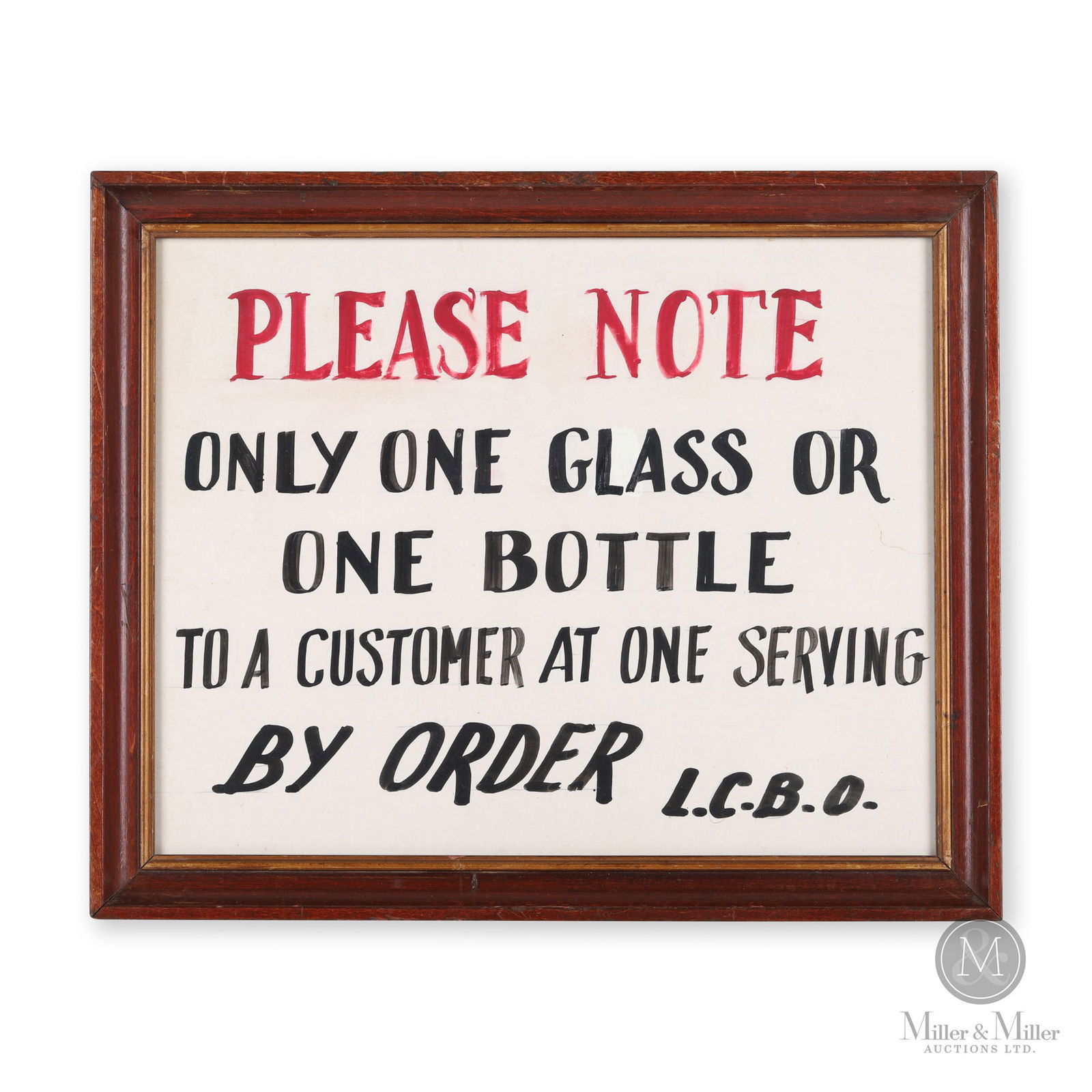 Ontario Liquor Control Board Service Regulation Sign: Canadian. 1940s. Hand painted paper, framed. 11.5" x 14" x 1". From the William Robert Wilson Collection.