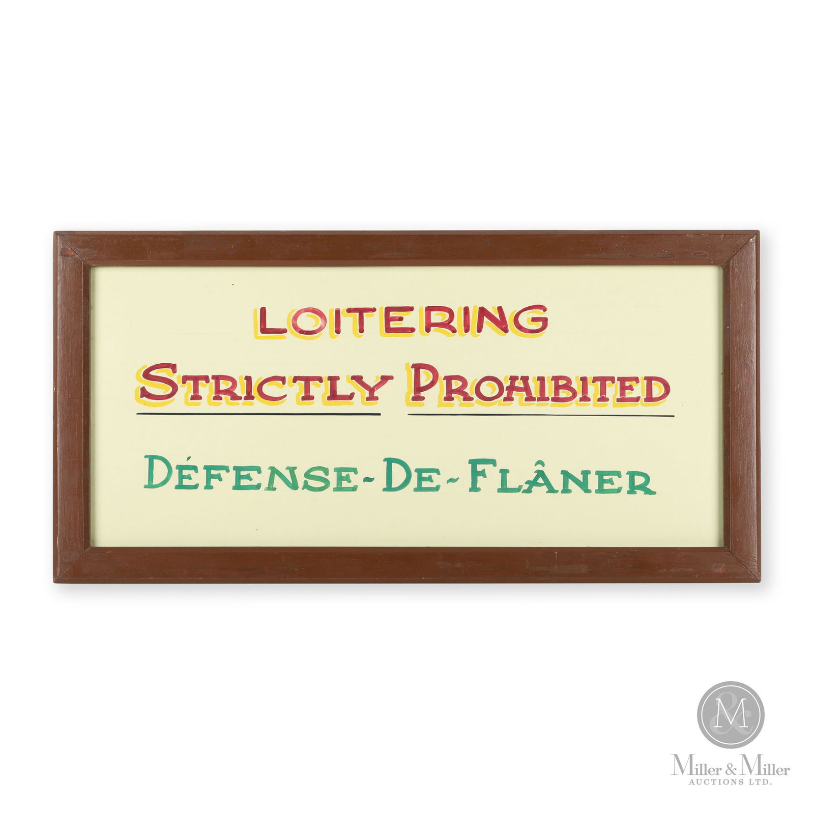 No Loitering Sign: Canadian. 1940s. Hand-painted paper, framed behind glass. 12" x 24" x 0.75". From the William Robert Wilson Collection.