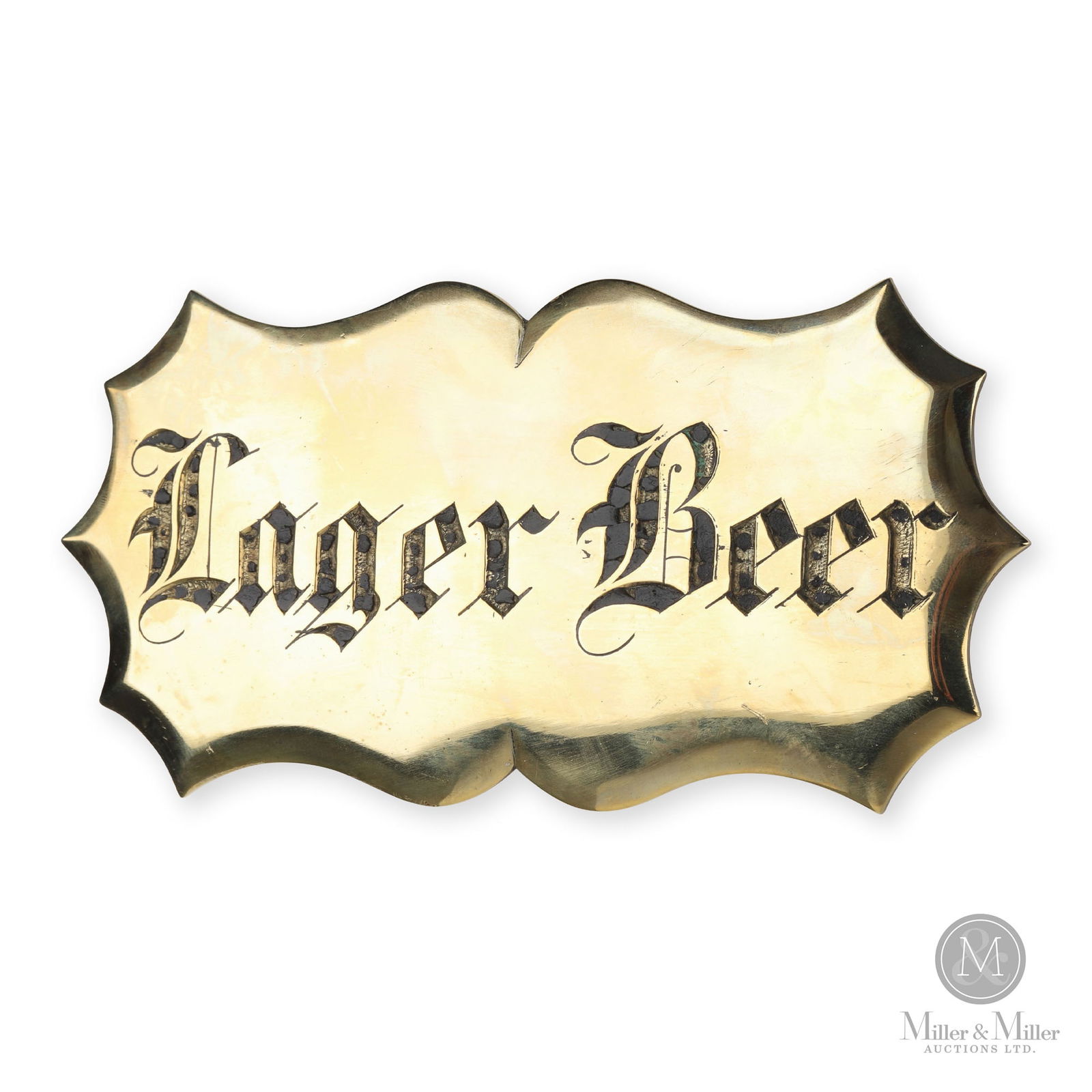 Lager Beer Enamelled Brass Plaque: Canadian. 1870s. Enamel inlaid brass. 3.75" x 7.25". From the William Robert Wilson Collection.