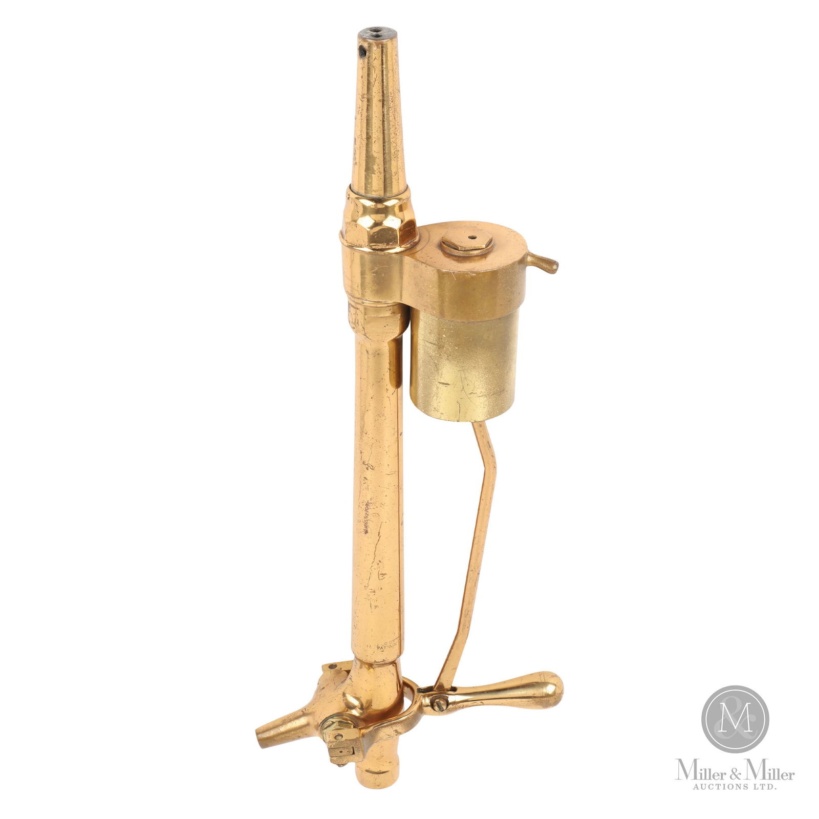 Cleveland Faucet Co. Beer Pump: American. 1880s. Brass. Marked, "Cleveland Faucet Co. Pat'd Oct. 20.85 Pat'd Dec 7-86". 22" x 5" x 3". From the William Robert Wilson Collection.