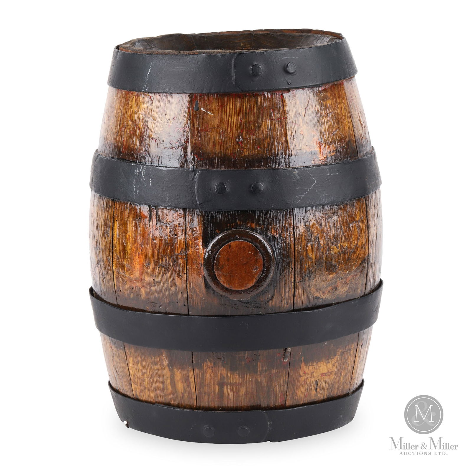 C.N. Huether Brewery Berlin, Ontario Beer Keg: Canadian. 1890s. Oak staves with painted metal rings. 15.5" x 12" x 12". From the William Robert Wilson Collection.