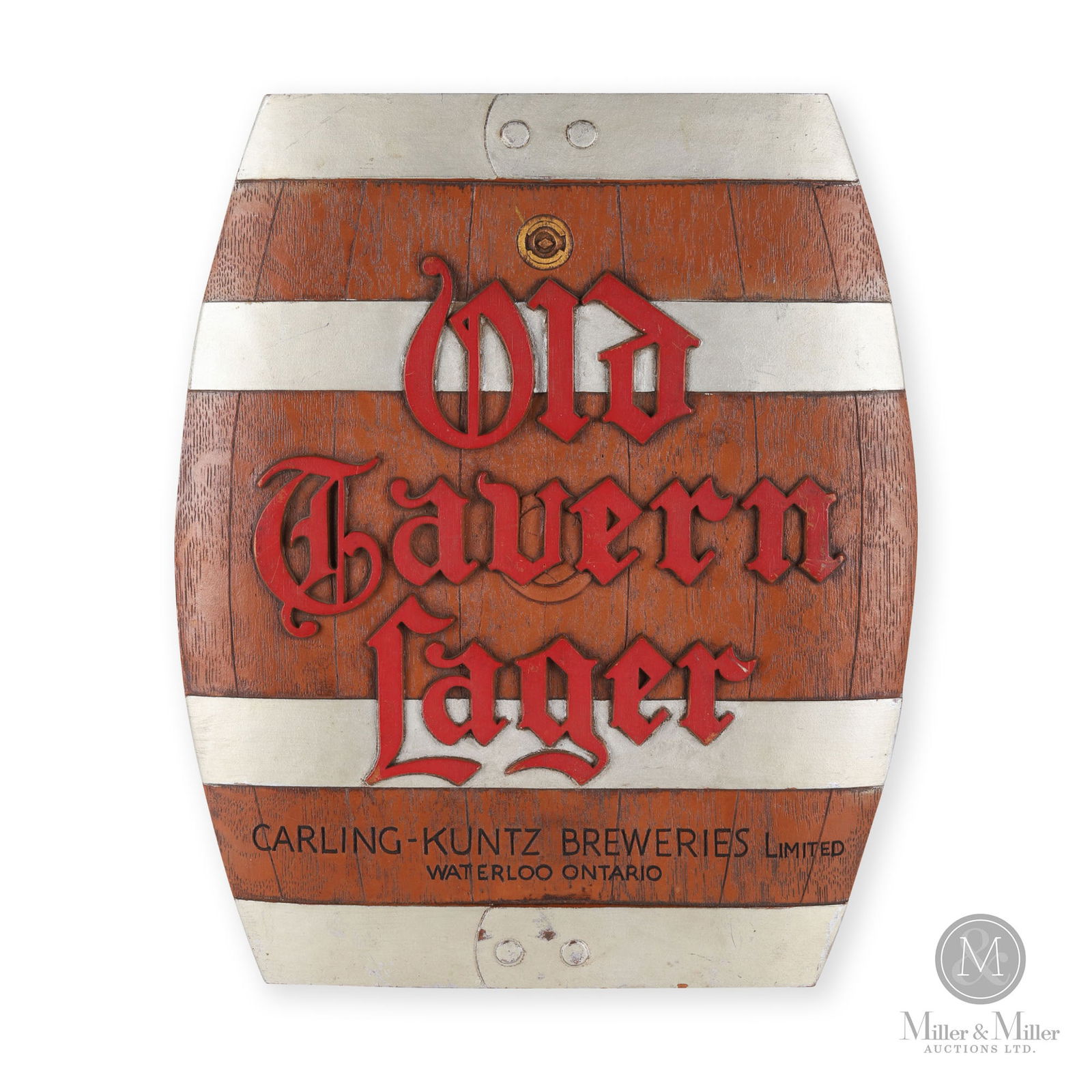 Carling-Kuntz Brewery Old Tavern Lager "Barrel" Sign: Canadian. 1940s. Single-sided resin. Marked, "Manufactured by John Walter and Sons Ltd. Kitchener Ontario", on rear. 16" x 13.25" x 1.25". From the William Robert Wilson Collection.