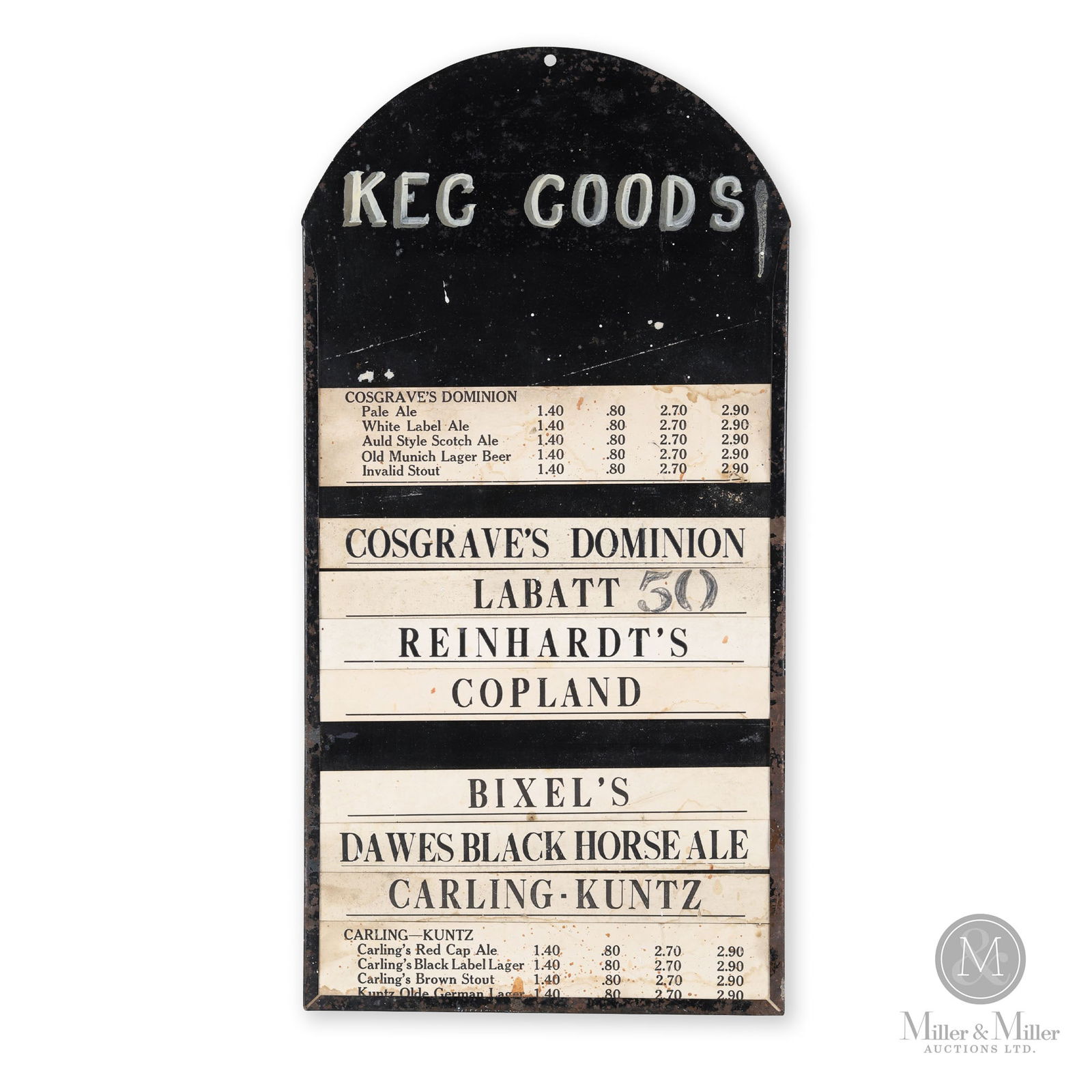 Ontario Brewery Keg Goods Sign: Canadian. 1940s. Painted metal frame with lithographed paper inserts. 22" x 11". From the William Robert Wilson Collection.