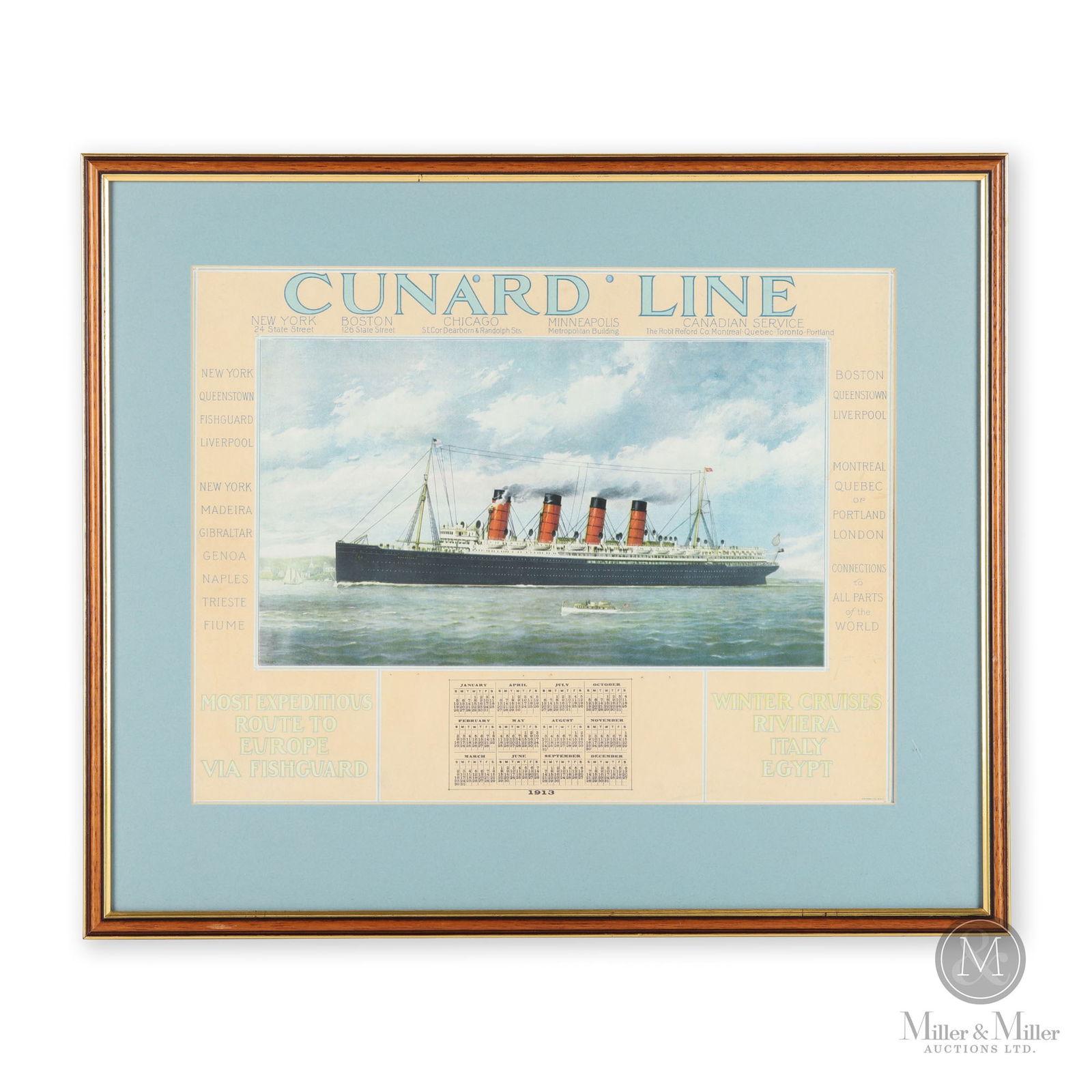 Cunard Line Steamships 1913 Calendar: Canadian. 1913. Lithographed paper, matted and framed. Marked, "J.Ottmann Ltd. Co. NY", bottom right edge. Sight: 12.25" x 15.75". Framed: 17.75" x 21" x 0.5". From the William Robert Wilson Collectio