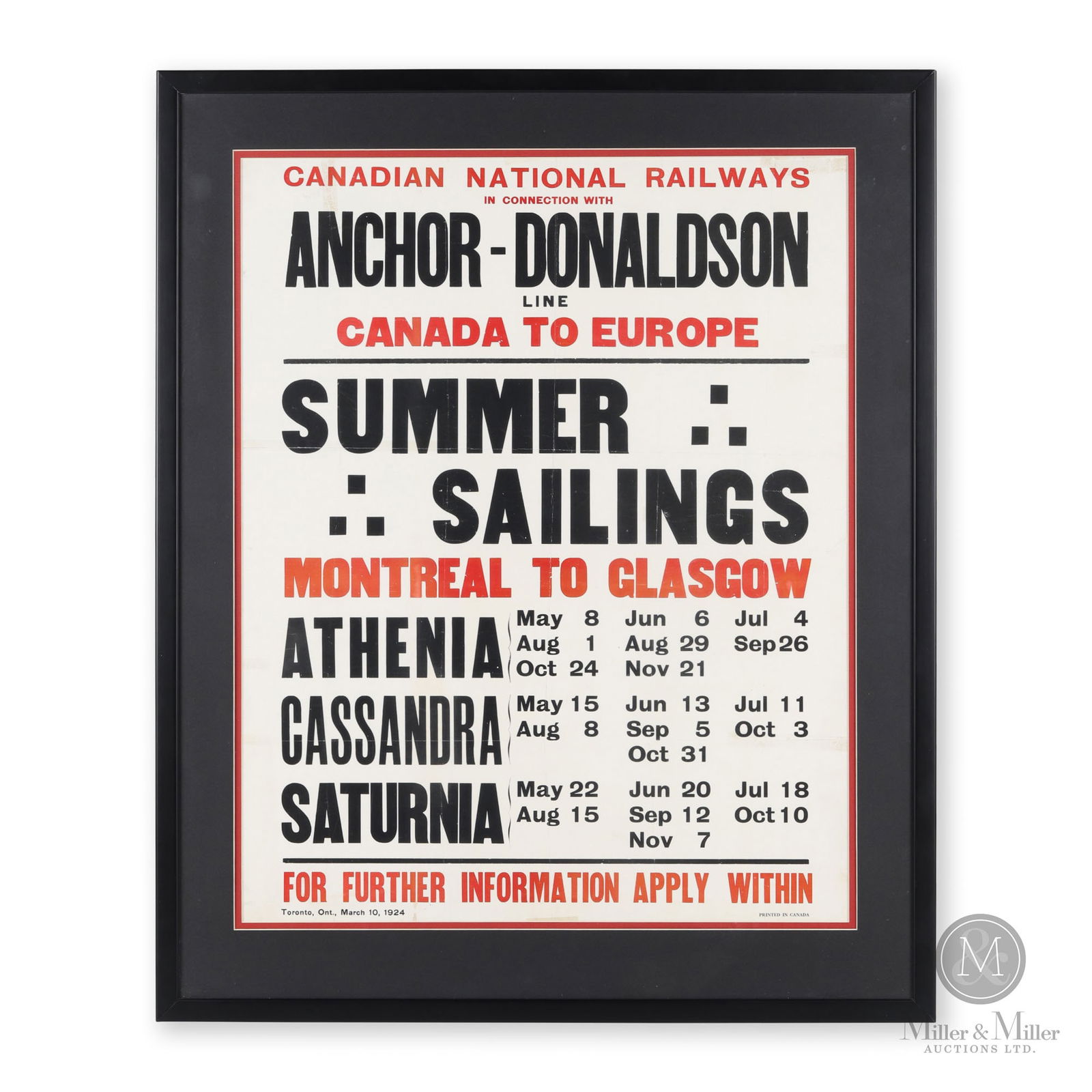 CNR Anchor-Donaldson 1924 Summer Sailing Schedule: Canadian. 1924. Single-sided lithographed paper, framed. Marked, "Printed in Canada", bottom right edge. Sight: 26" x 20". Framed: 31.5" x 25.75" x 1.25". From the William Robert Wilson Collection.