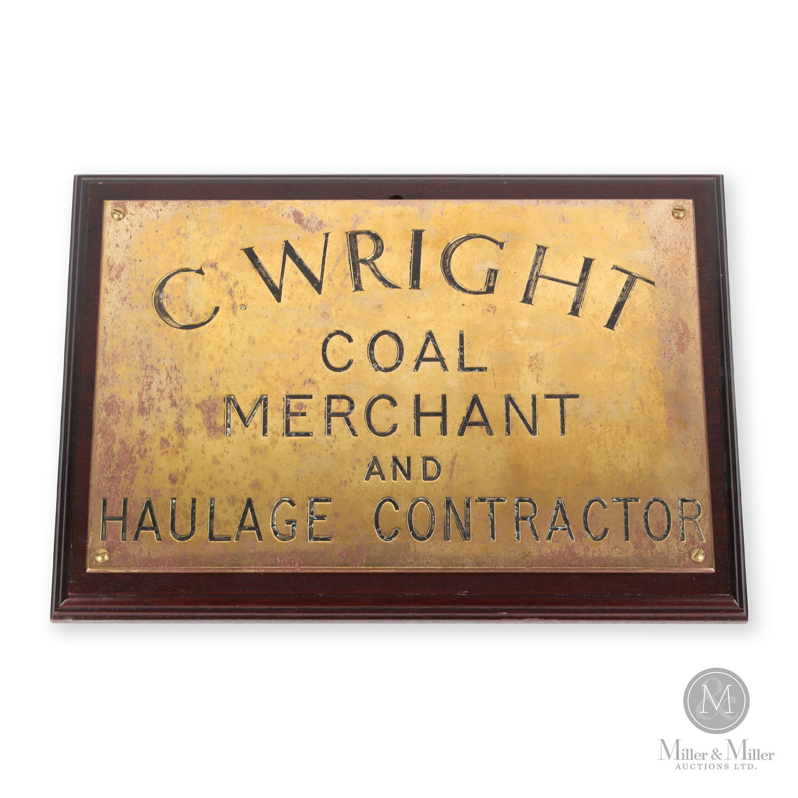 C. Wright Coal Merchant & Haulage Contractor Sign: Canadian. 1920s. Stamped brass mounted to wood board. Enamelled script. 11.5" x 16" x 1". From the William Robert Wilson Collection.