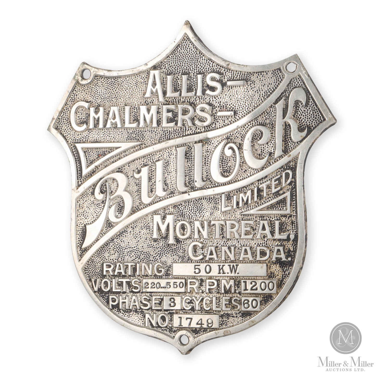 Allis-Chalmers Bullock Generator Builder's Plate: Canadian. 1920s. Cast brass, nickel plated. 7.25" x 6.75" x 0.12".