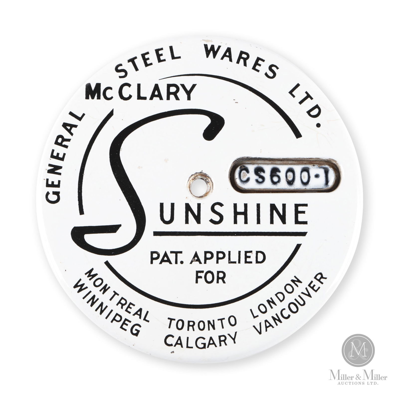 General Steel Wares McClary Sunshine Stove Builder's Plate: Canadian. 1940s. Single-sided porcelain (SSP). Stamped, "T.1392", top rear in casting. 7" Dia x 0.25". From the William Robert Wilson Collection.