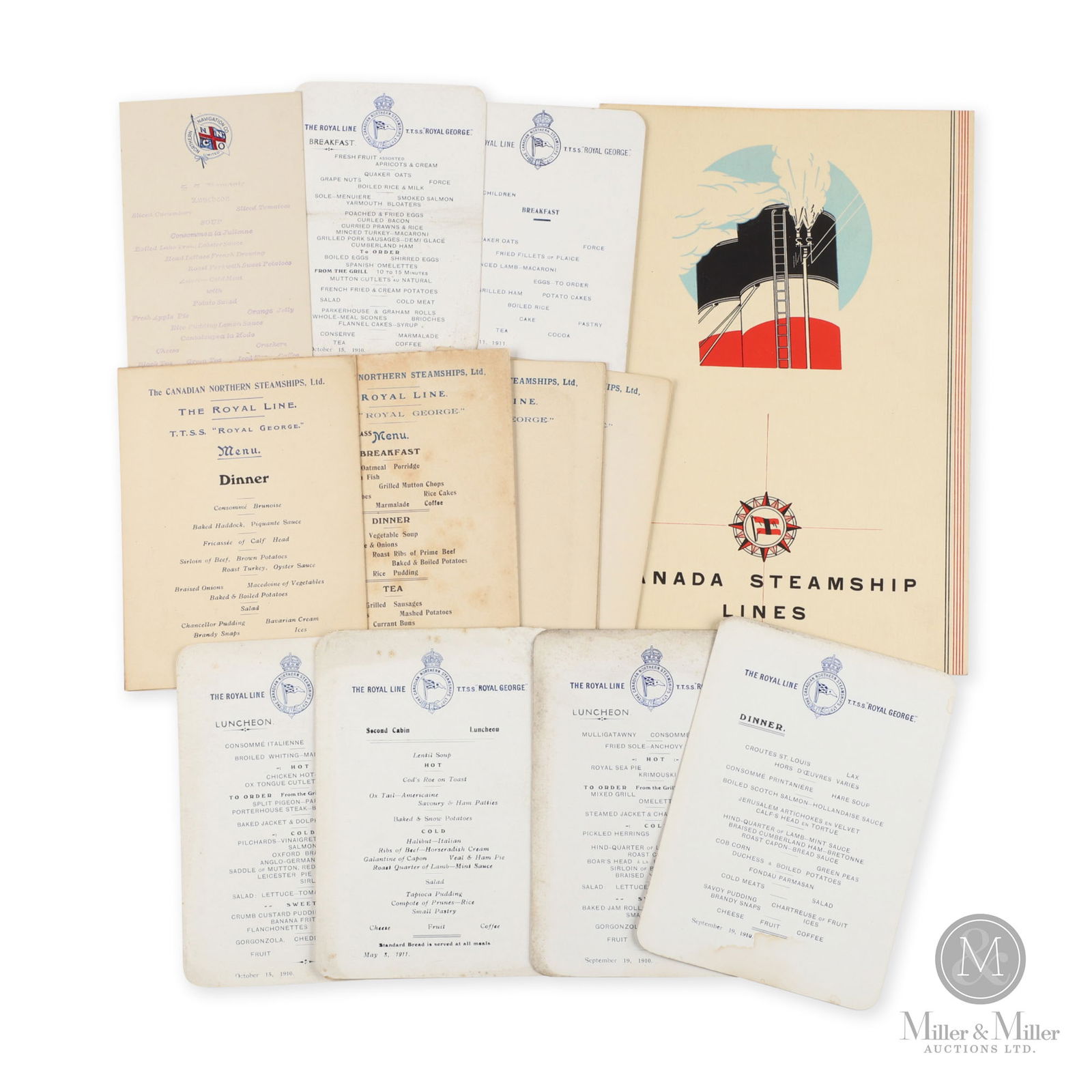 Canadian Northern Steamships "Royal George" Menus: Canadian. 1910 and 1911. Lithographed paper. Includes Northern Navigation Co. SS Noronic Menus. Ranges in length 5.75" to 11". From the William Robert Wilson Collection.