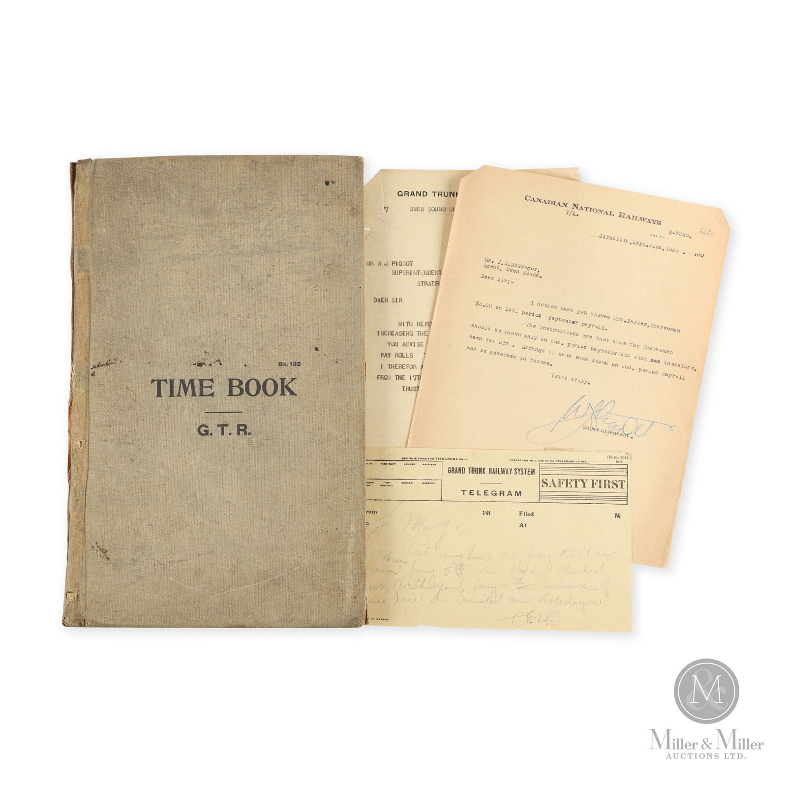 Grand Trunk Railway 1907 Stratford Time Book: Canadian. 1907. Bound lithographed paper. Includes assorted telegraphs and memos from the 1911s-1920s. 14" x 8.5" x 0.75". From the William Robert Wilson Collection.