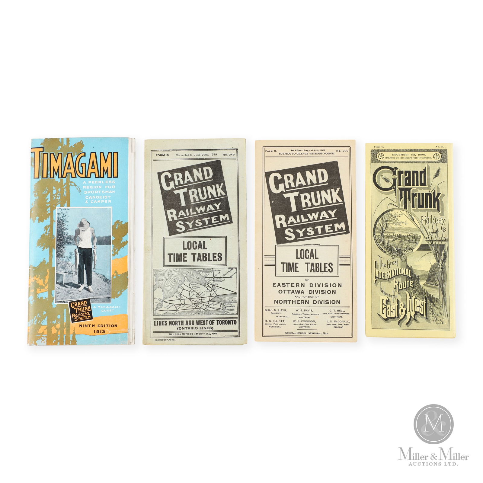 Grand Trunk Railway Timetables & Brochure: Canadian. 1890-1919. Lithographed paper. Includes: 1890, 1911, and 1919 timetables, and a destination brochure for Timagami. Ranges in length from 8.25" to 7.25". From the William Robert Wilson Collec