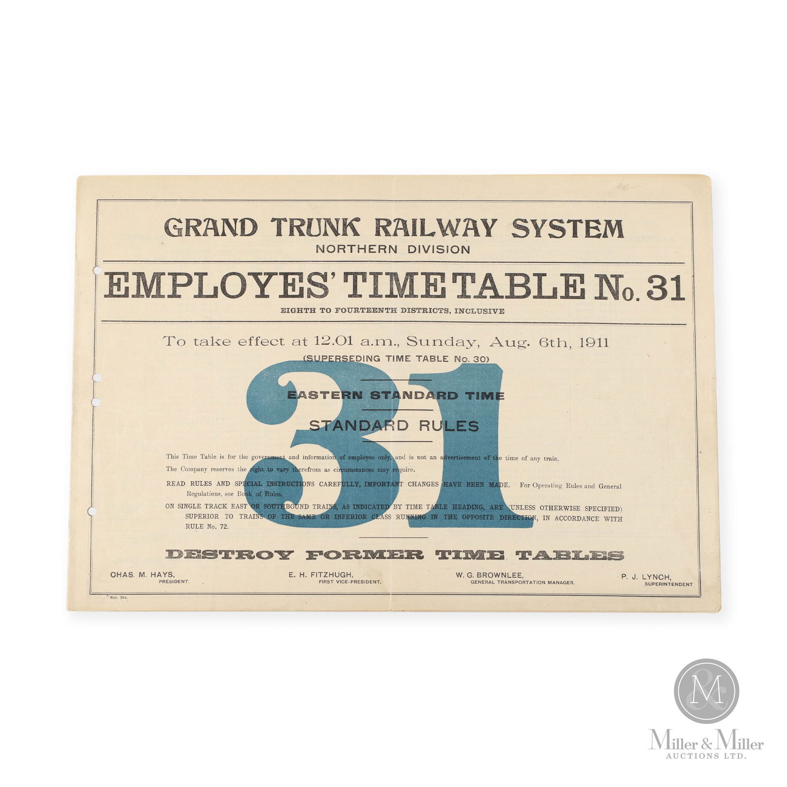 Grand Trunk Railway 1911 Timetable: Canadian. 1911. Lithographed paper. 11" x 16". From the William Robert Wilson Collection.