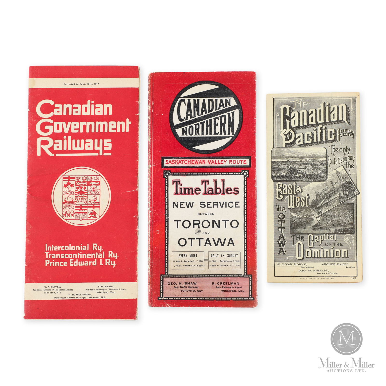 CGR, CPR & Canadian Northern Railway Timetables: Canadian. 1890s-1920s. Lithographed paper. Includes 1917 CGR, CNR, and CPR timetable. 7.5" x 3.5", 9.25" x 4.25", and 10" x 4.25" when folded. From the William Robert Wilson Collection.