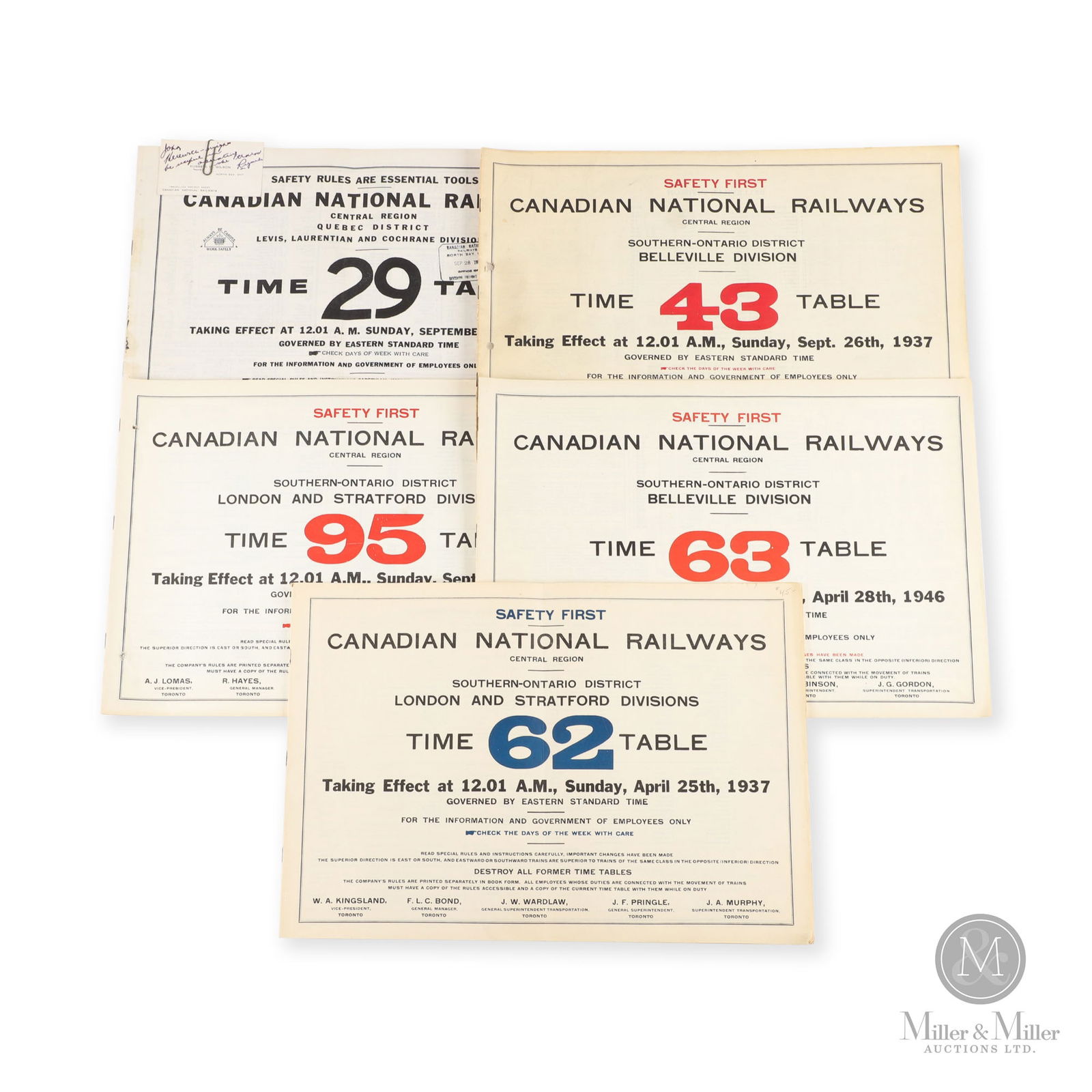 Canadian National Railways Timetables: Canadian. 1937-1956. Lithographed paper. Each: 11" x 16". From the William Robert Wilson Collection.