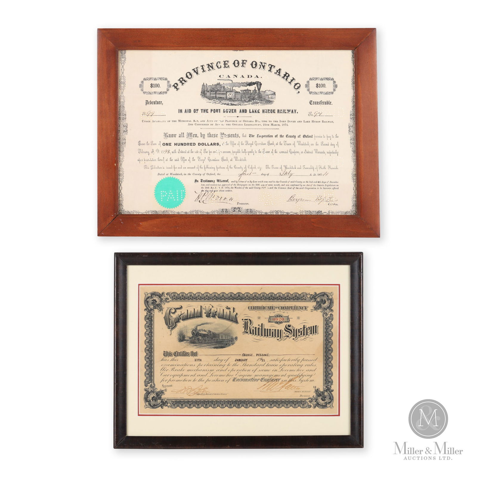 GTR Engineers Competency Certificate and PD&LHR Stock Certificate: Canadian. 1874 and 1912. Lithographed paper, framed. Framed: 11" x 14" and 12" x 16.25". From the William Robert Wilson Collection.