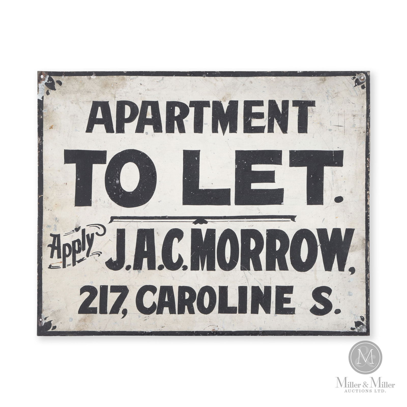 Apartment To Let Agency Sign: Canadian. 1930s. Painted galvanized metal. Includes a title for the land shown on the sign. 11" x 13.75". From the William Robert Wilson Collection.