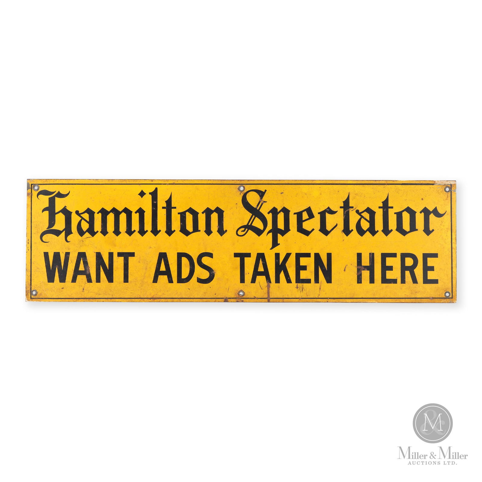 Hamilton Spectator Newspaper Want Ads Sign: Canadian. 1930s. Single-sided tin (SST). 8" x 28". From the William Robert Wilson Collection.