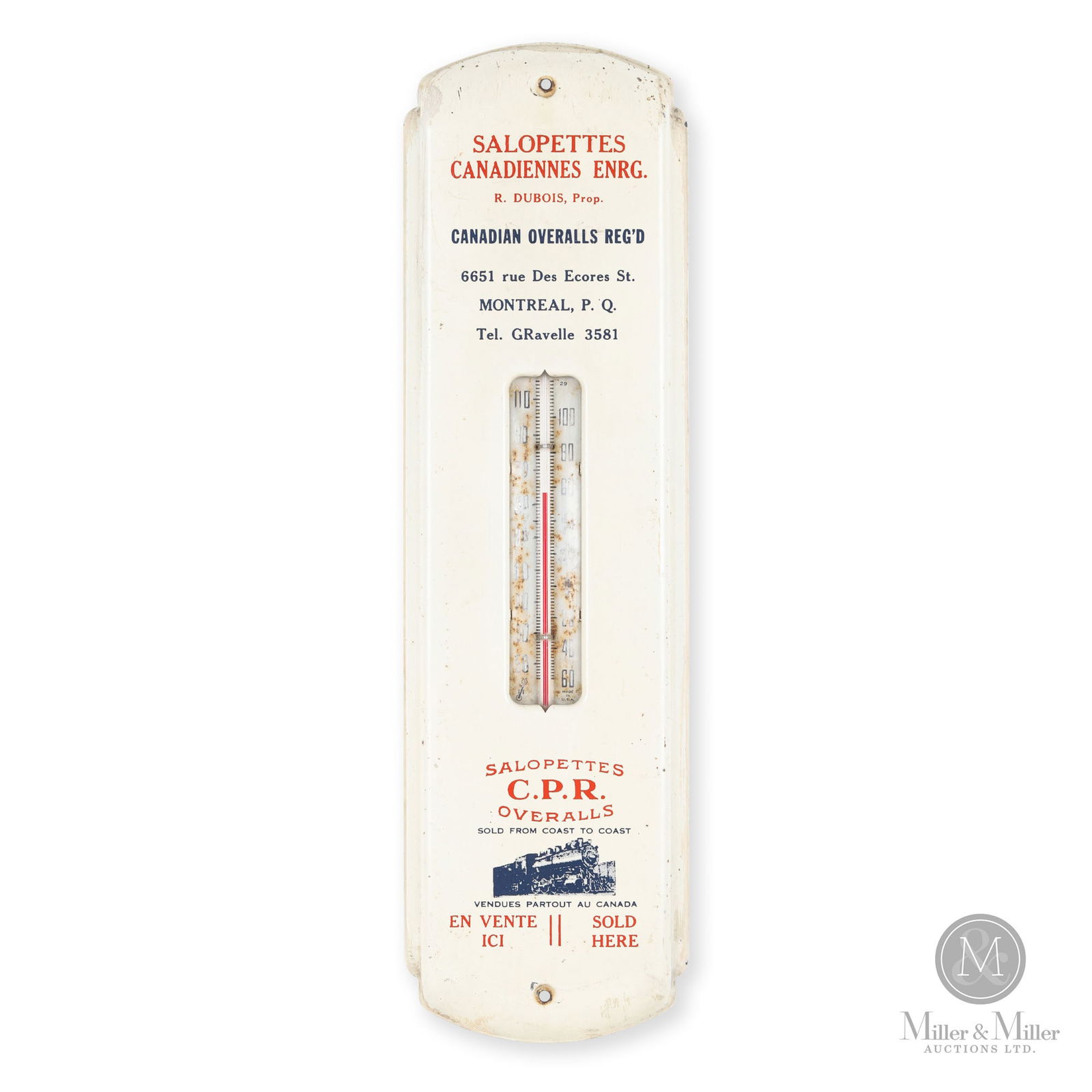 Salopettes CPR Overalls Thermometer: Canadian. 1930s. Single-sided metal. Marked, "Made in USA", lower edge of the thermometer scale. 17" x 5". From the William Robert Wilson Collection.