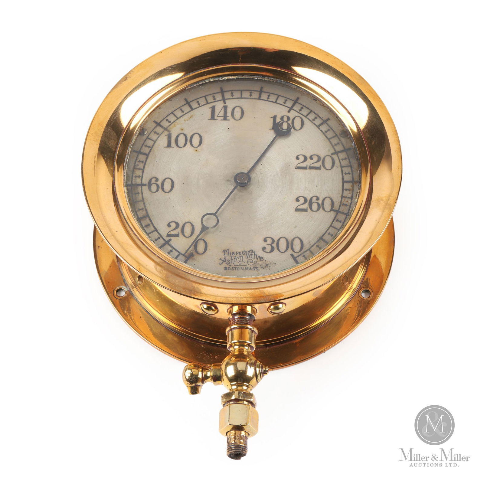 Ashton Valve Co. Boiler Steam Gauge: American. 1920s. Brass case and bezel. Marked, "The Ashton Valve Co. Boston Mass.", lower center edge. 8.5" Dia x 4" with 6.25" dial. From the William Robert Wilson Collection.