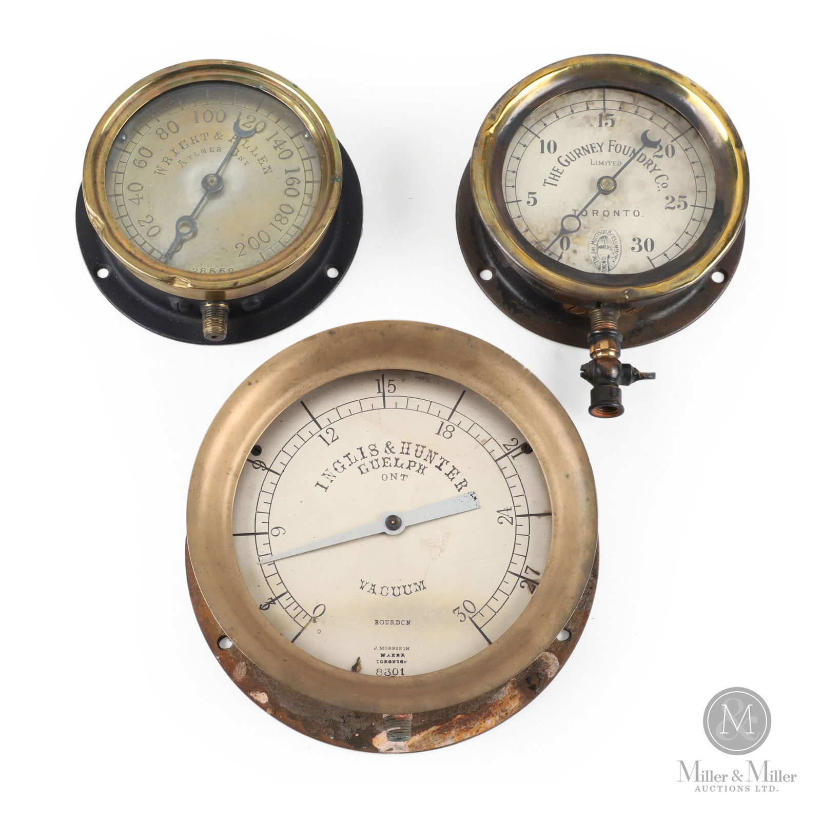 Canadian Steam Pressure Gauges: Canadian. 1910s-1930s. Metal cases, brass bezels. Dials range from 4.75" to 6.5". From the William Robert Wilson Collection.