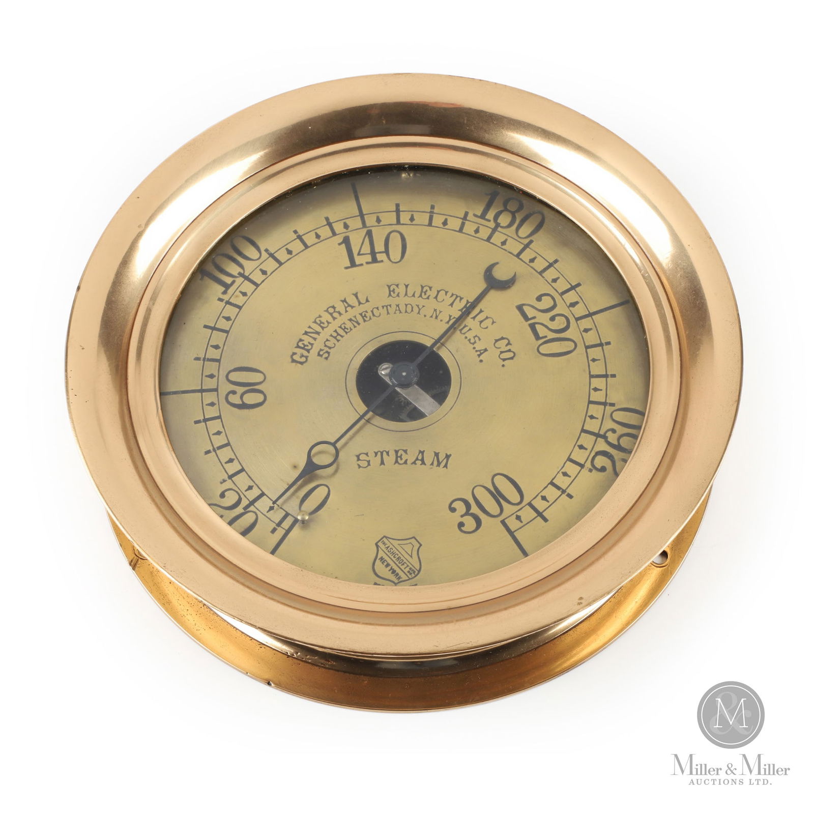 General Electric Co. Steam Gauge: American. 1890s. Brass. Marked, "The Ashcroft Mfg. Co. NY", lower center edge. 11" x 2.75" x 8" dial. From the William Robert Wilson Collection.