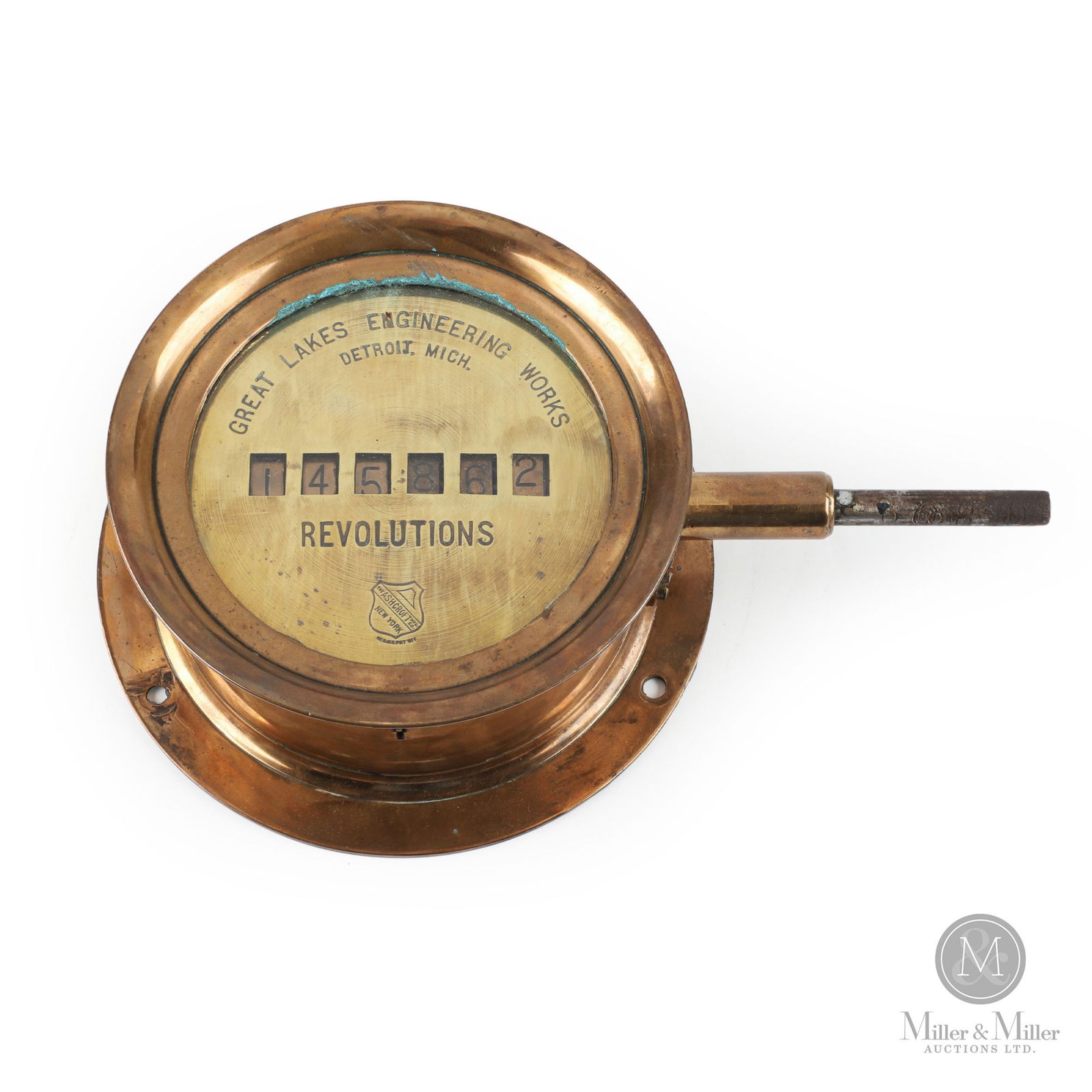 Great Lakes Engineering Works Shaft Revolution Counter: American. 1920s. Brass. Marked, "The Ashcroft Manufacturing Co. NY", lower center dial. 8.5" x 4" with 6" dial. From the William Robert Wilson Collection.