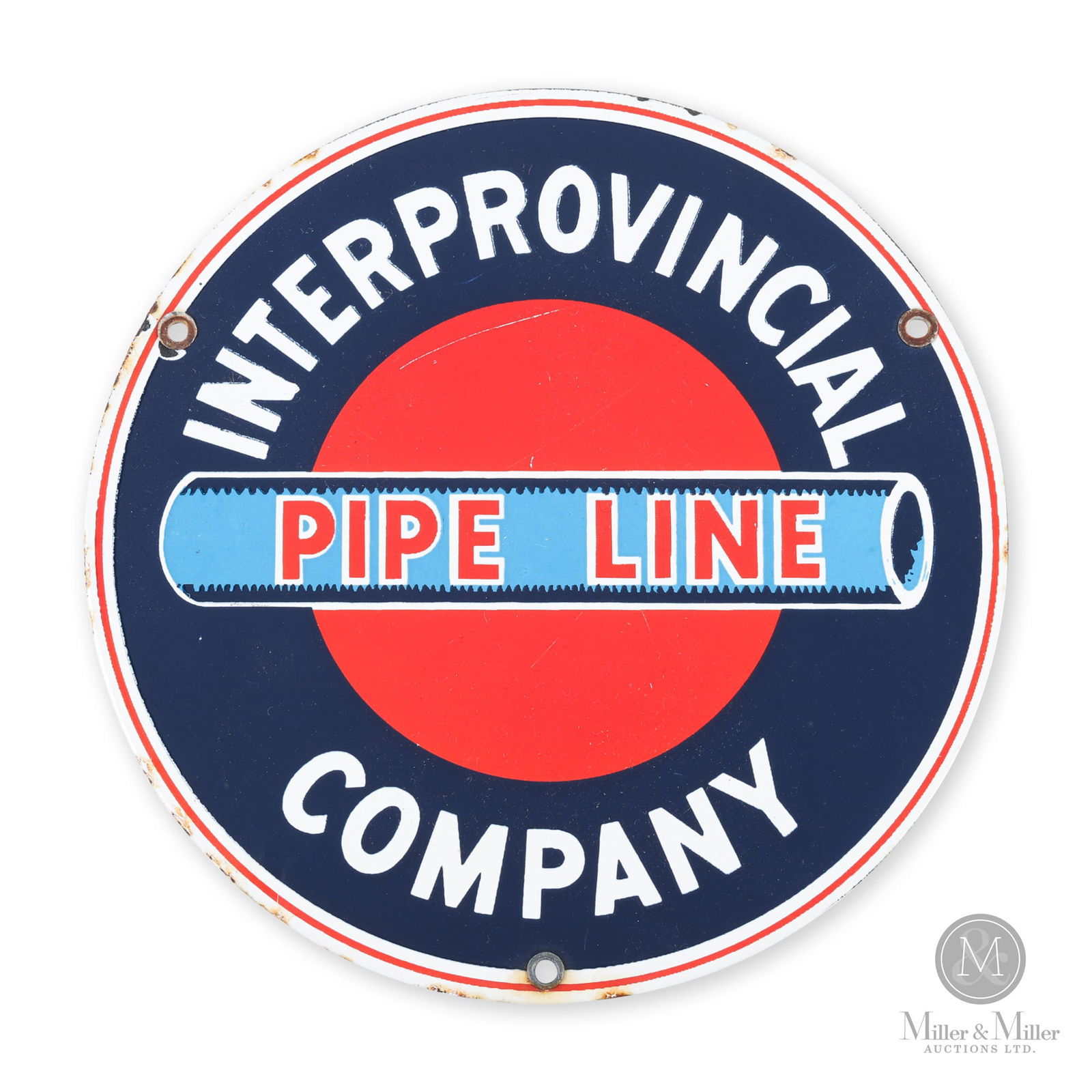 Interprovincial Pipeline Company Sign: Canadian. 1940s. Single-sided porcelain (SSP). Interprovincial Pipe Line Company would eventually become what is now Enbridge Gas. 7" Dia. From the William Robert Wilson Collection.