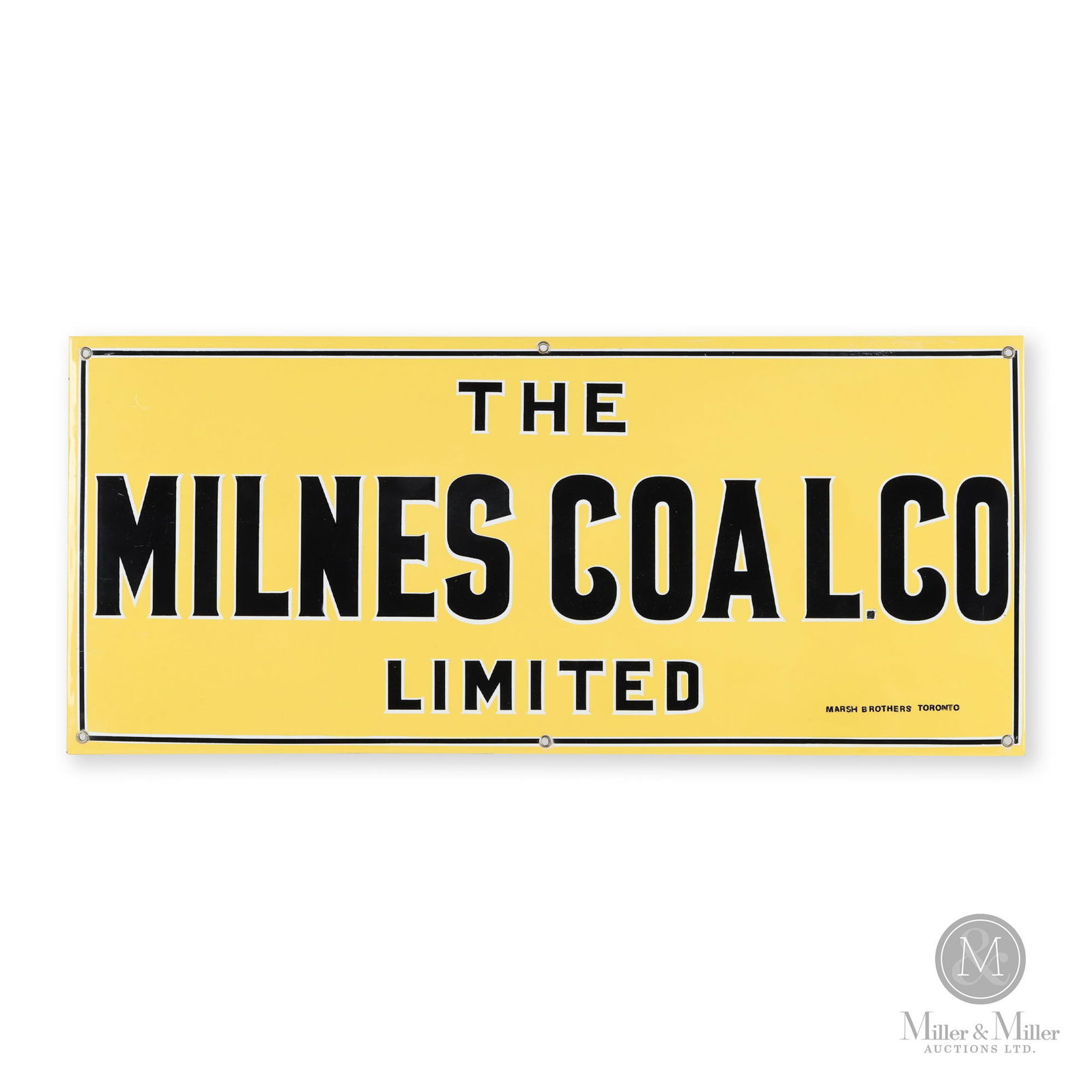 Milnes Coal Company Sign: Canadian. 1920s. Single-sided porcelain (SSP). 10.5" x 24". From the William Robert Wilson Collection.