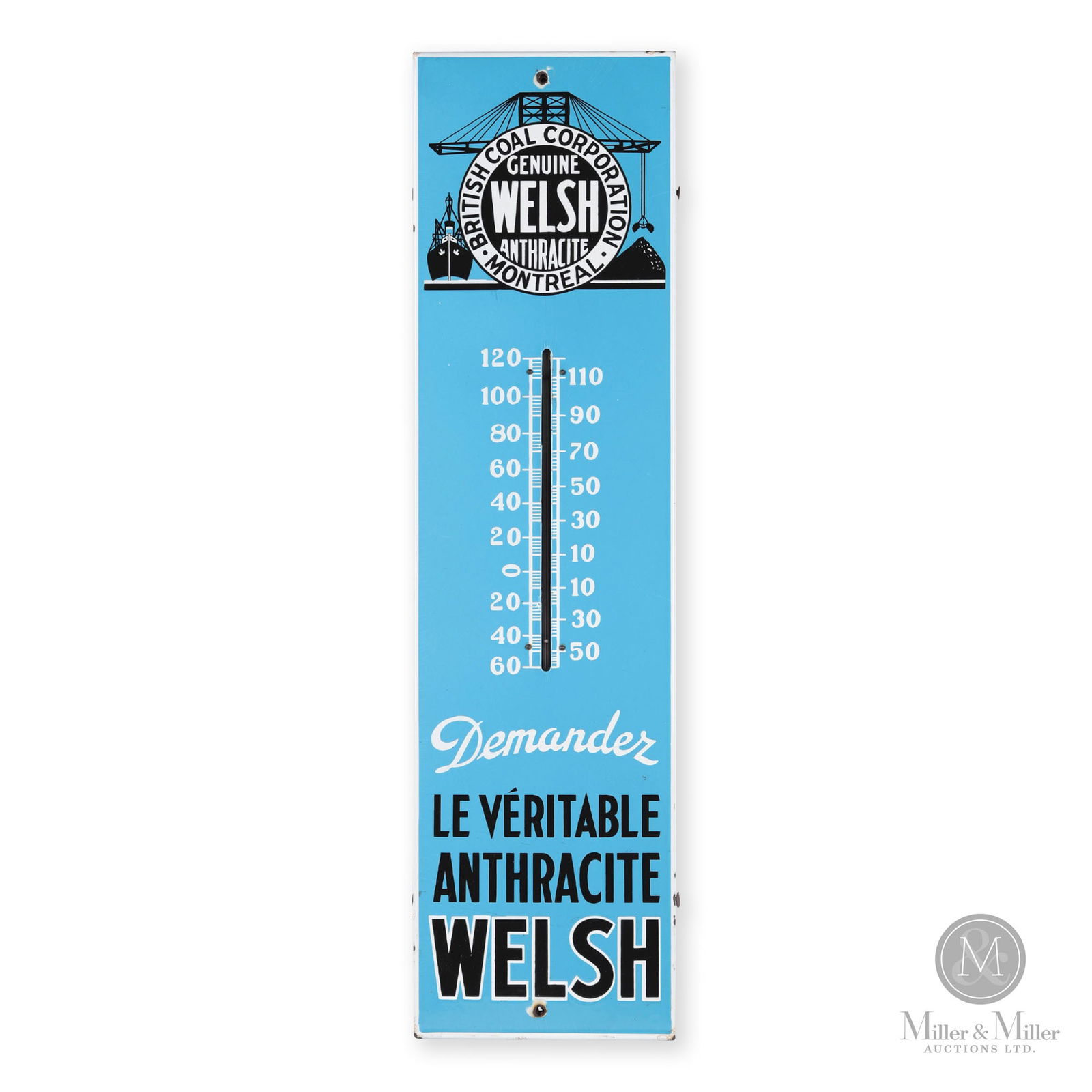 British Coal Co. Anthracite Sign: Canadian. 1940s. Single-sided porcelain (SSP). 30" x 8" x 0.75". From the William Robert Wilson Collection.