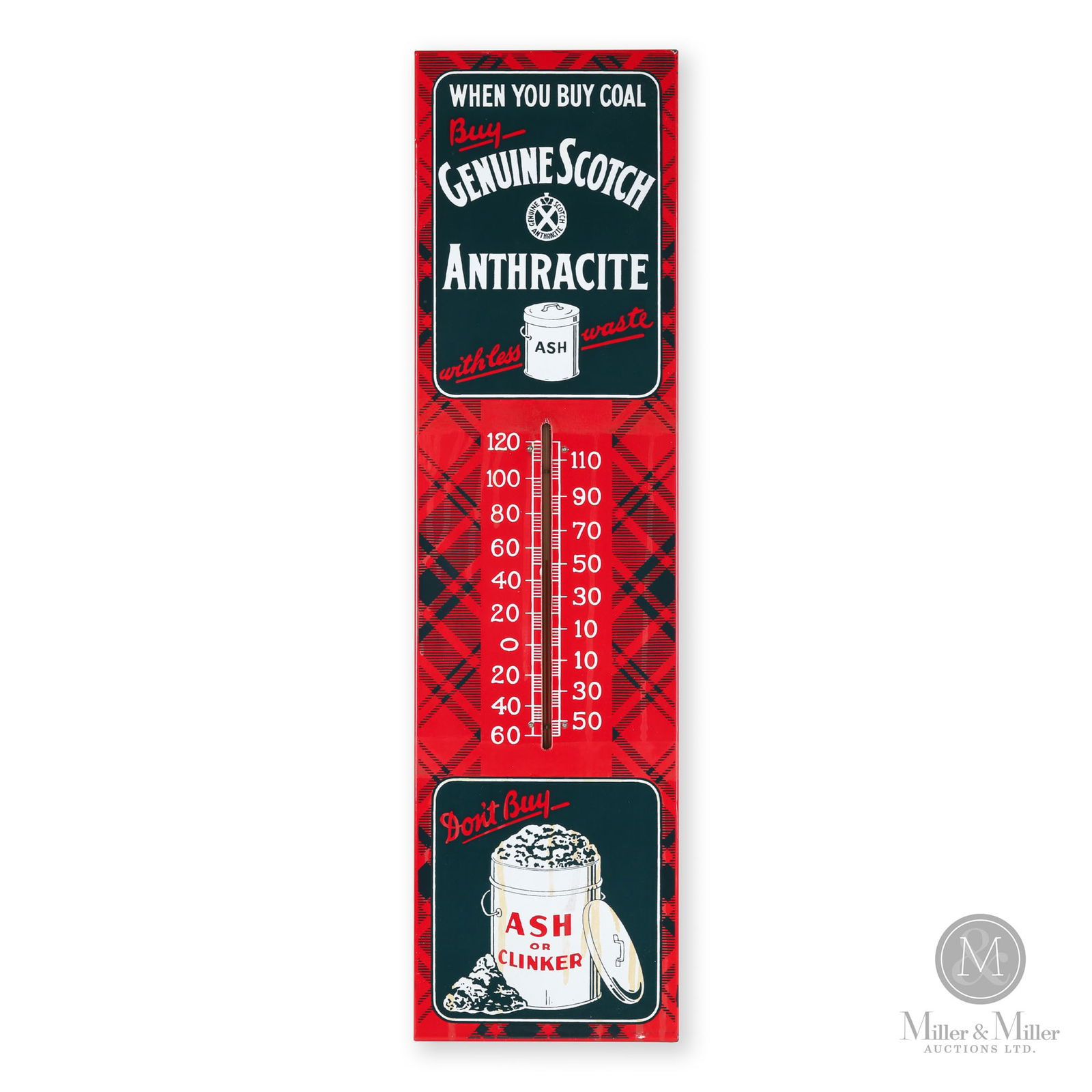 Scotch Anthracite Coal Sign: Canadian. 1940s. Single-sided porcelain (SSP). Marked, "General Steel Wares Ltd.", bottom right edge. 30" x 8" x 0.75". From the William Robert Wilson Collection.