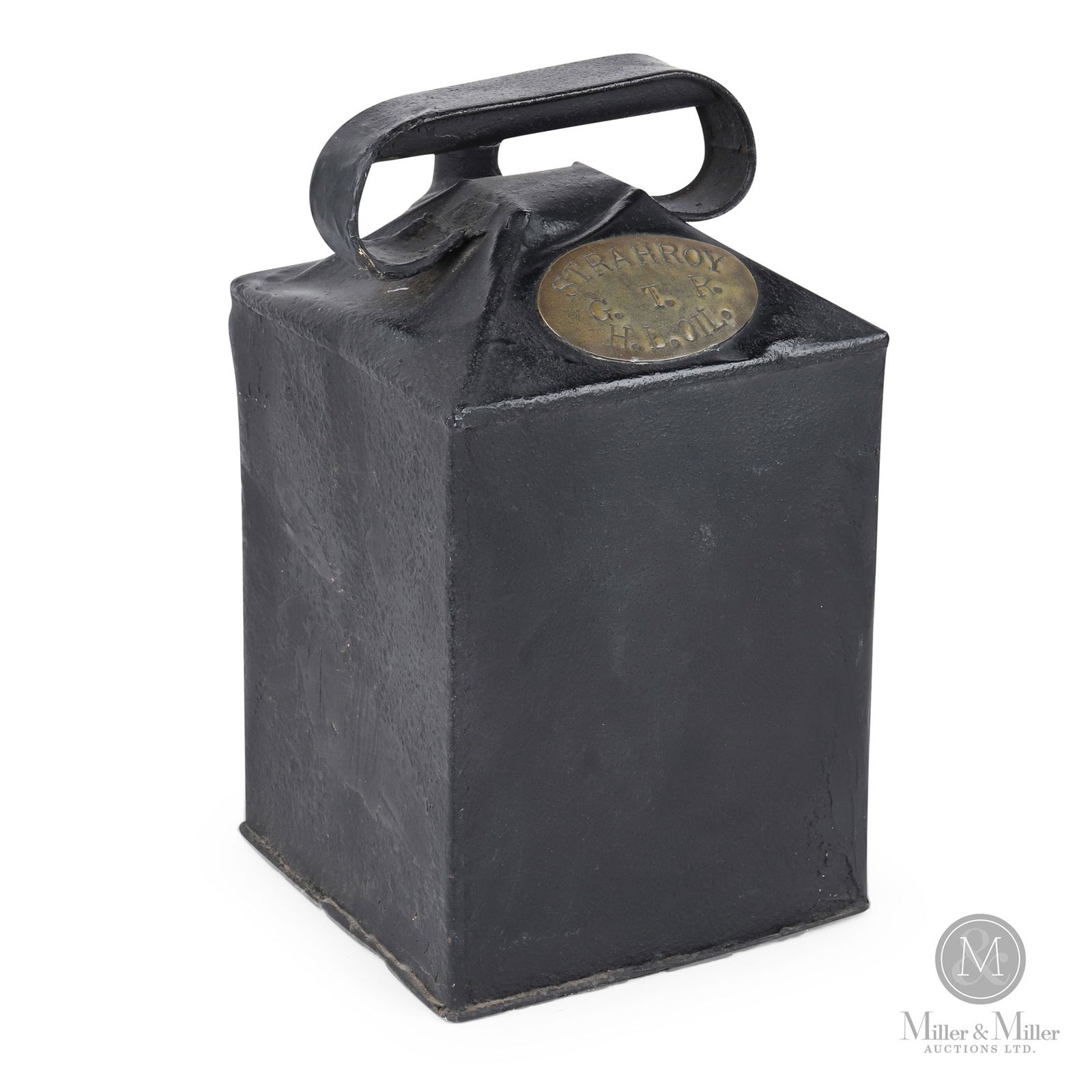 Strathroy Grand Trunk Railway Oil Can: Canadian. 1890s. Painted steel with applied stamped brass tag. Possibly for headlamp oil. 13" x 8" x 8". From the William Robert Wilson Collection.