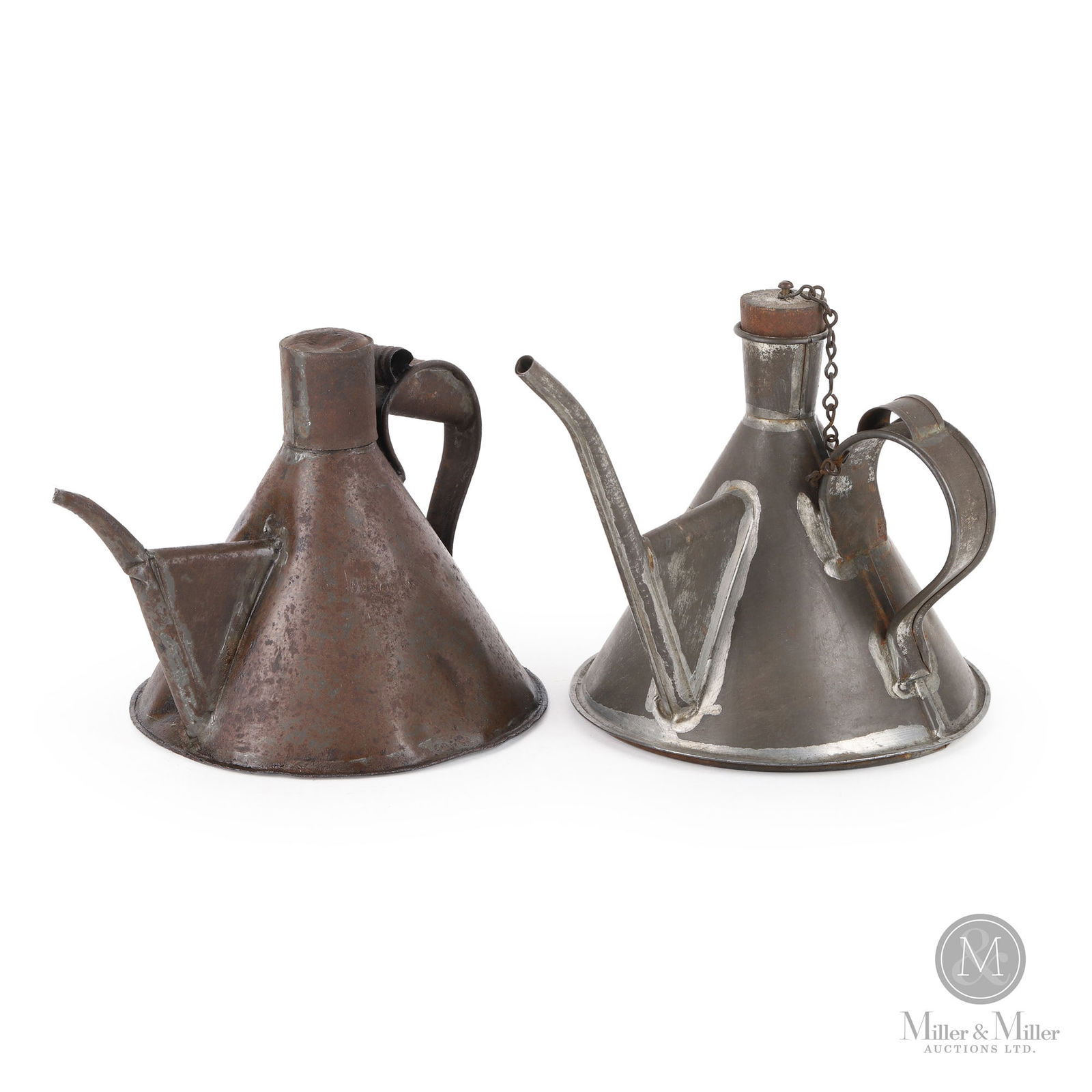 Piper, Toronto Locomotive Oil Cans: Canadian. 1900s. Metal. Stamped, "Piper Maker Toronto", on the side of one. 6.5" x 7" x 7". From the William Robert Wilson Collection.