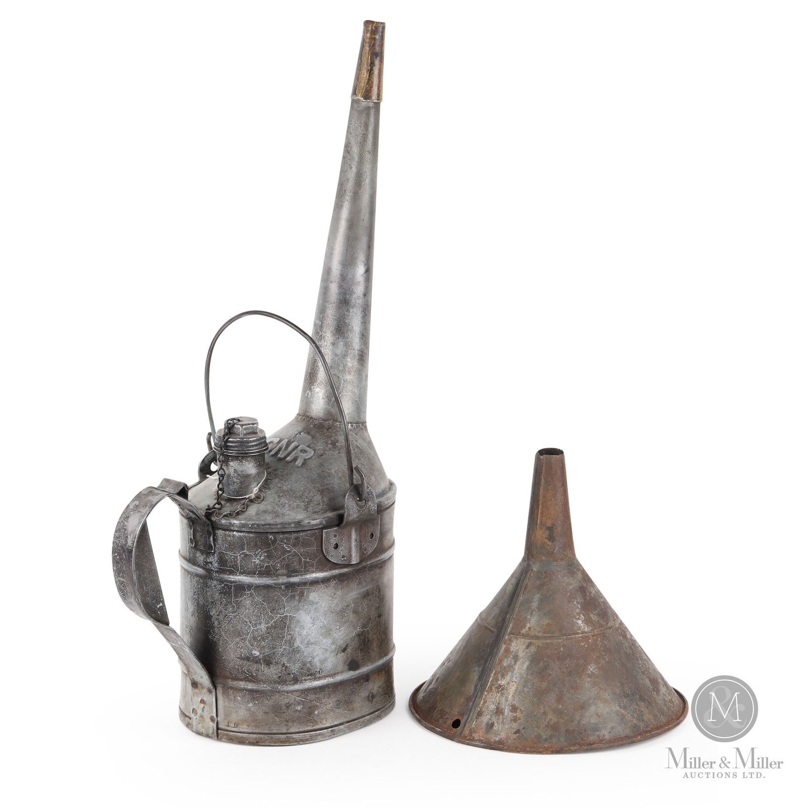 Canadian National Railway Oil Can & Funnel: Canadian. 1910s. Metal. Stamped, "CNR", on body of funnel. Embossed, "CNR", on top of oil can. Funnel: 10" x 10" x 10". Oiler: 24.75" x 6.75" x 8.25". From the William Robert Wilson Collection.